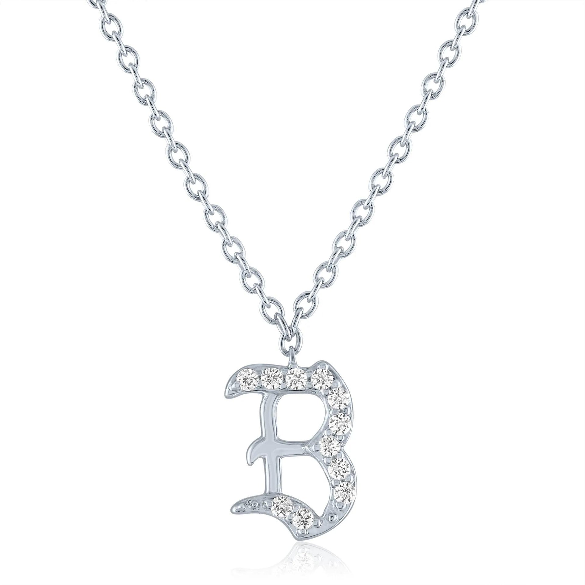 Diamond Accent Gothic Script B Initial Pendant Necklace .925 Sterling Silver White Size 18"