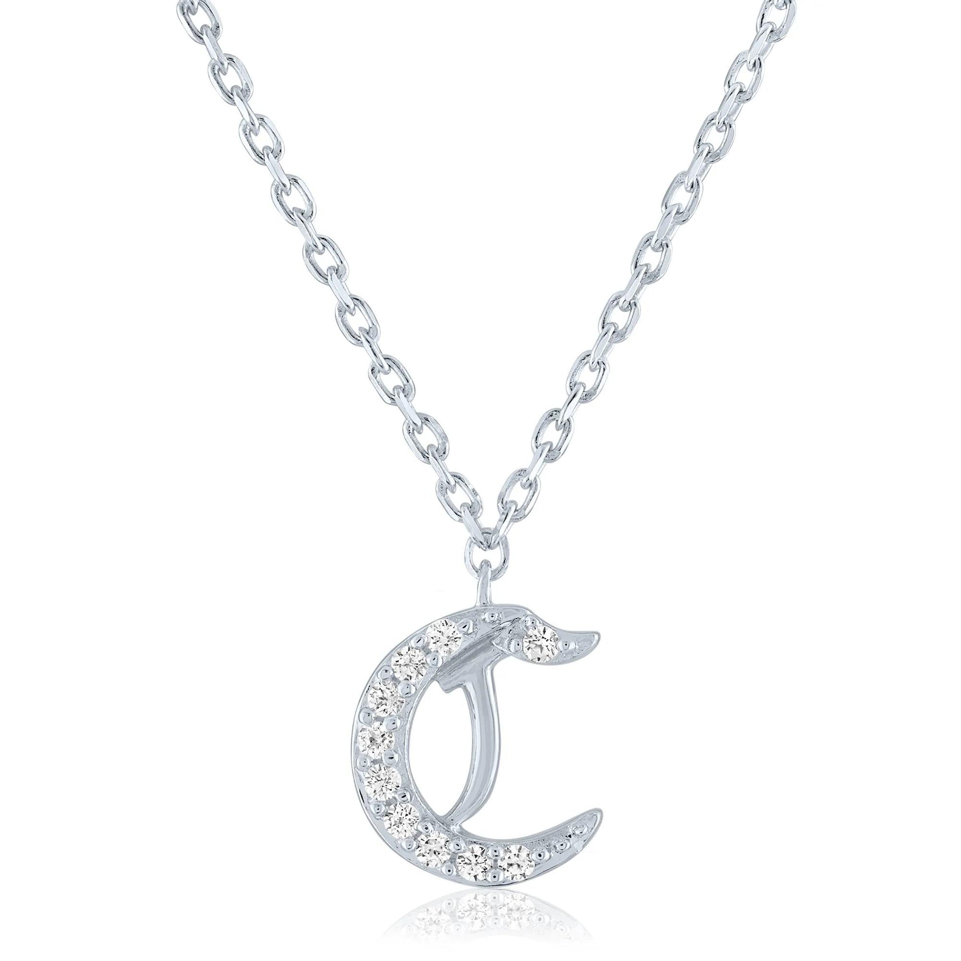 Diamond Accent Gothic Script C Initial Pendant Necklace .925 Sterling Silver White Size 18"