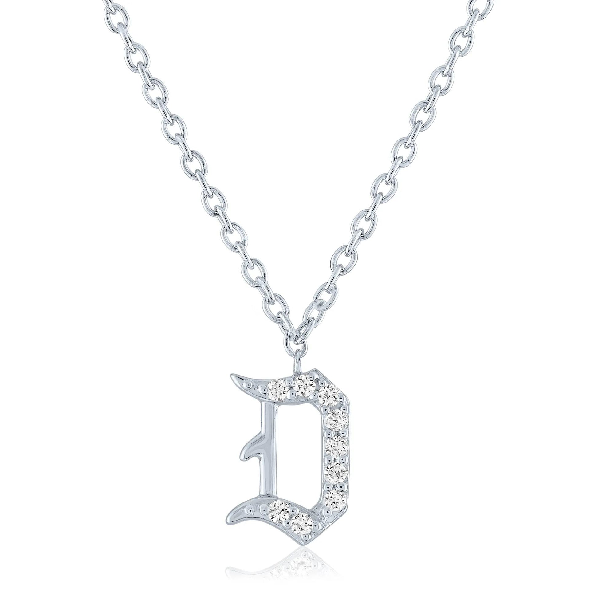 Diamond Accent Gothic Script D Initial Pendant Necklace .925 Sterling Silver White Size 18"
