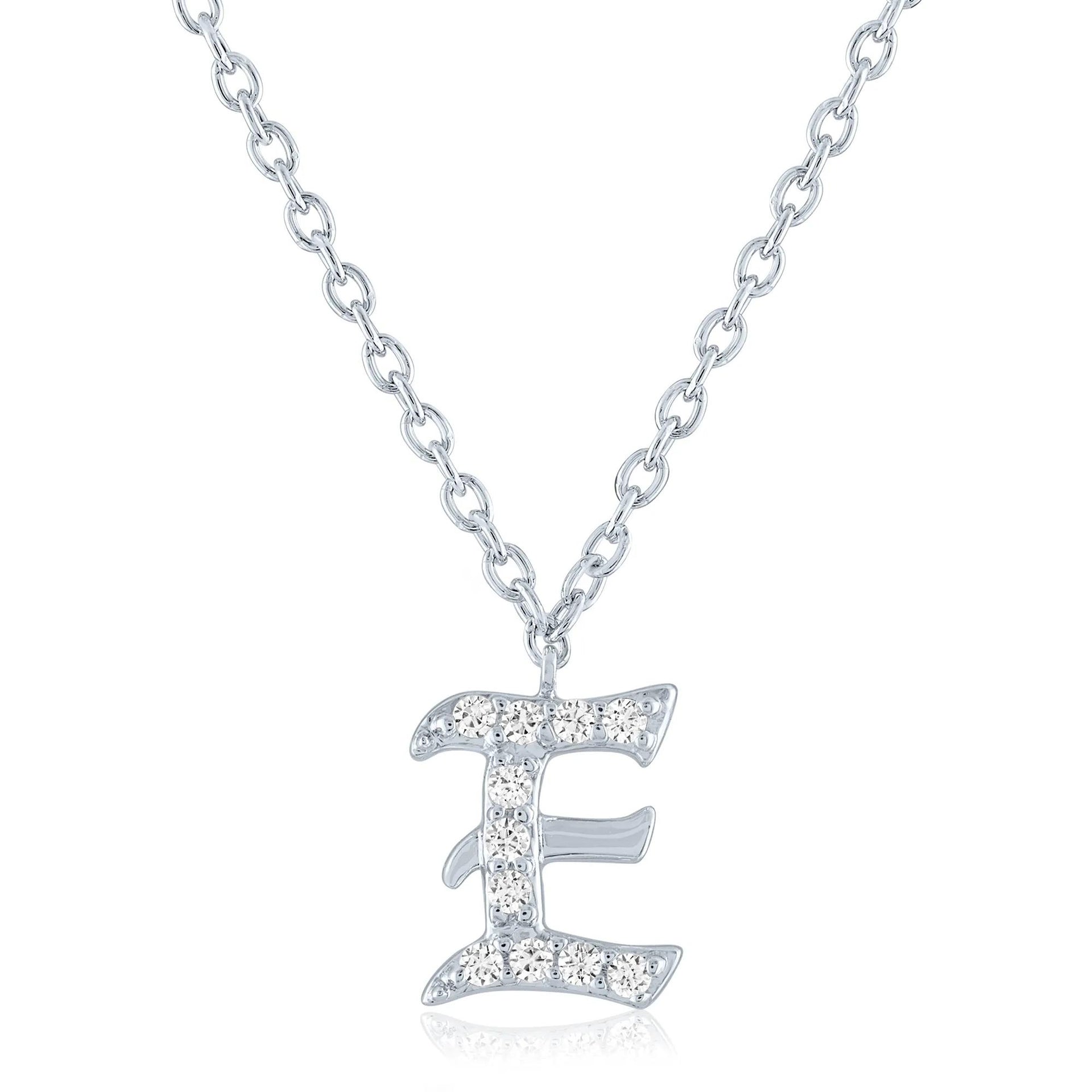 Diamond Accent Gothic Script E Initial Pendant Necklace .925 Sterling Silver White Size 18"