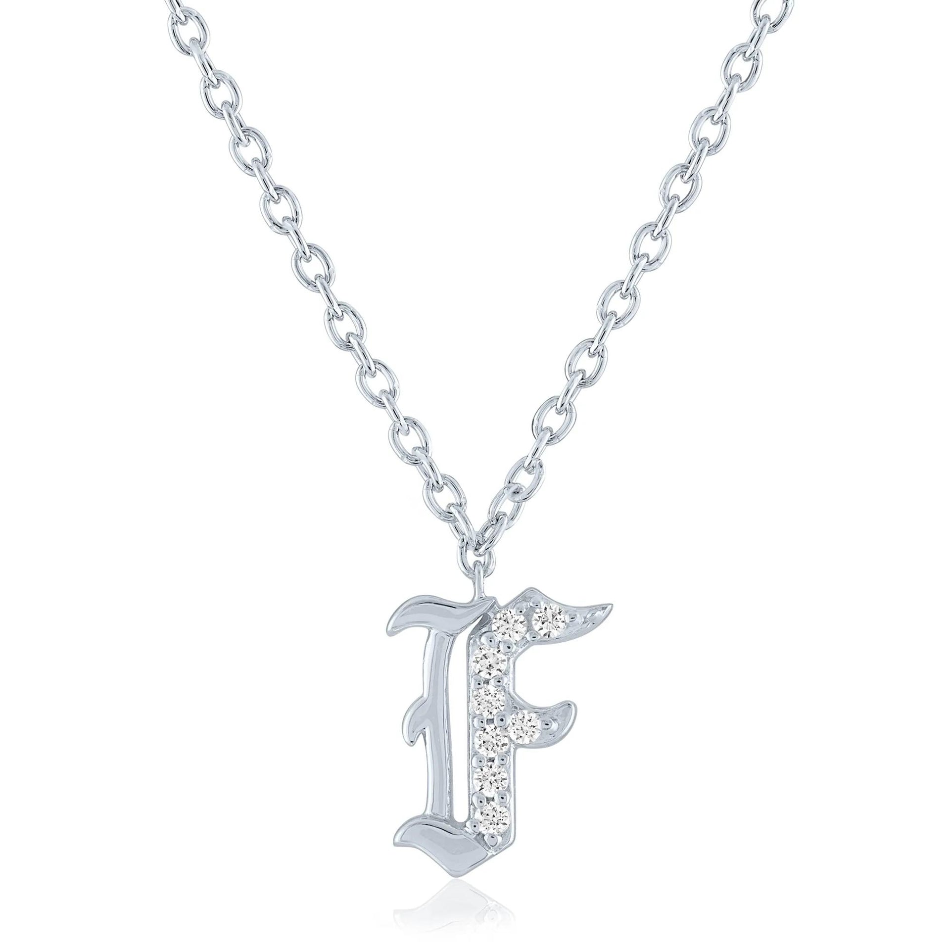 Diamond Accent Gothic Script F Initial Pendant Necklace .925 Sterling Silver White Size 18"