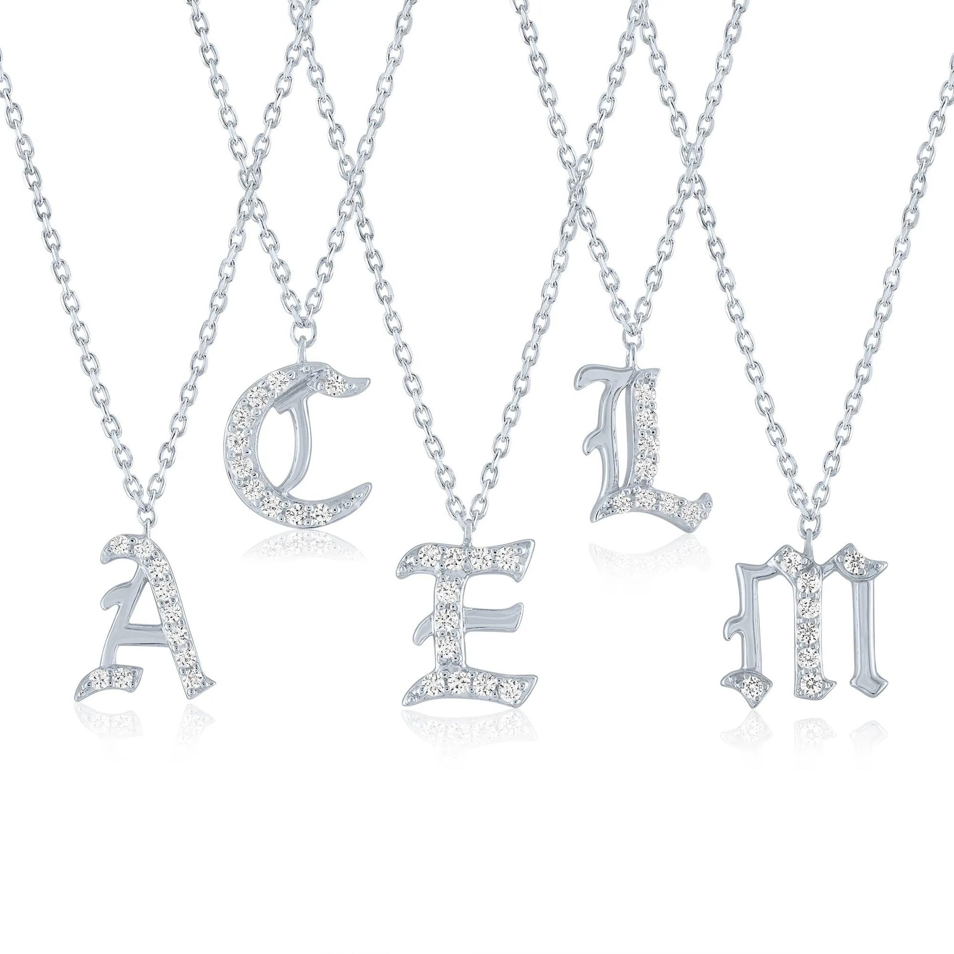 Diamond Accent Gothic Script H Initial Pendant Necklace .925 Sterling Silver White Size 18"