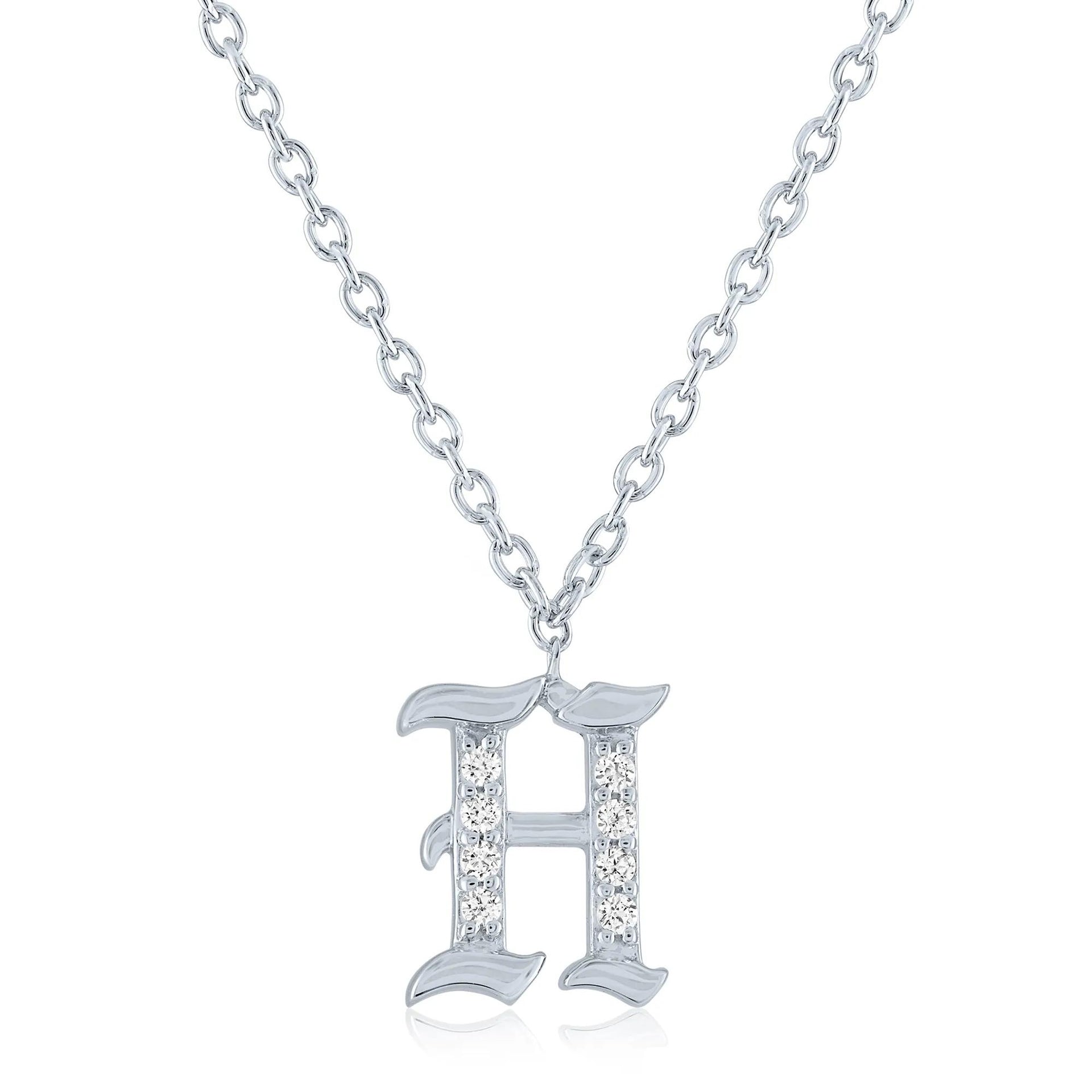 Diamond Accent Gothic Script H Initial Pendant Necklace .925 Sterling Silver White Size 18"