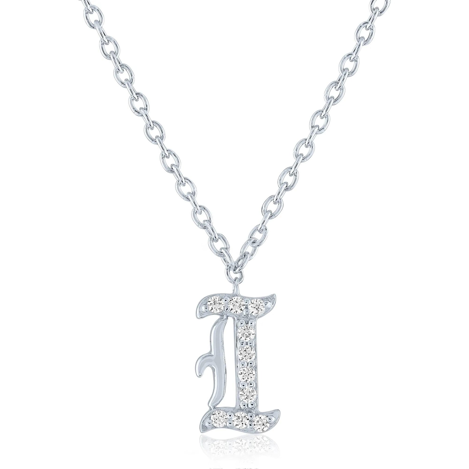 Diamond Accent Gothic Script I Initial Pendant Necklace .925 Sterling Silver White Size 18"