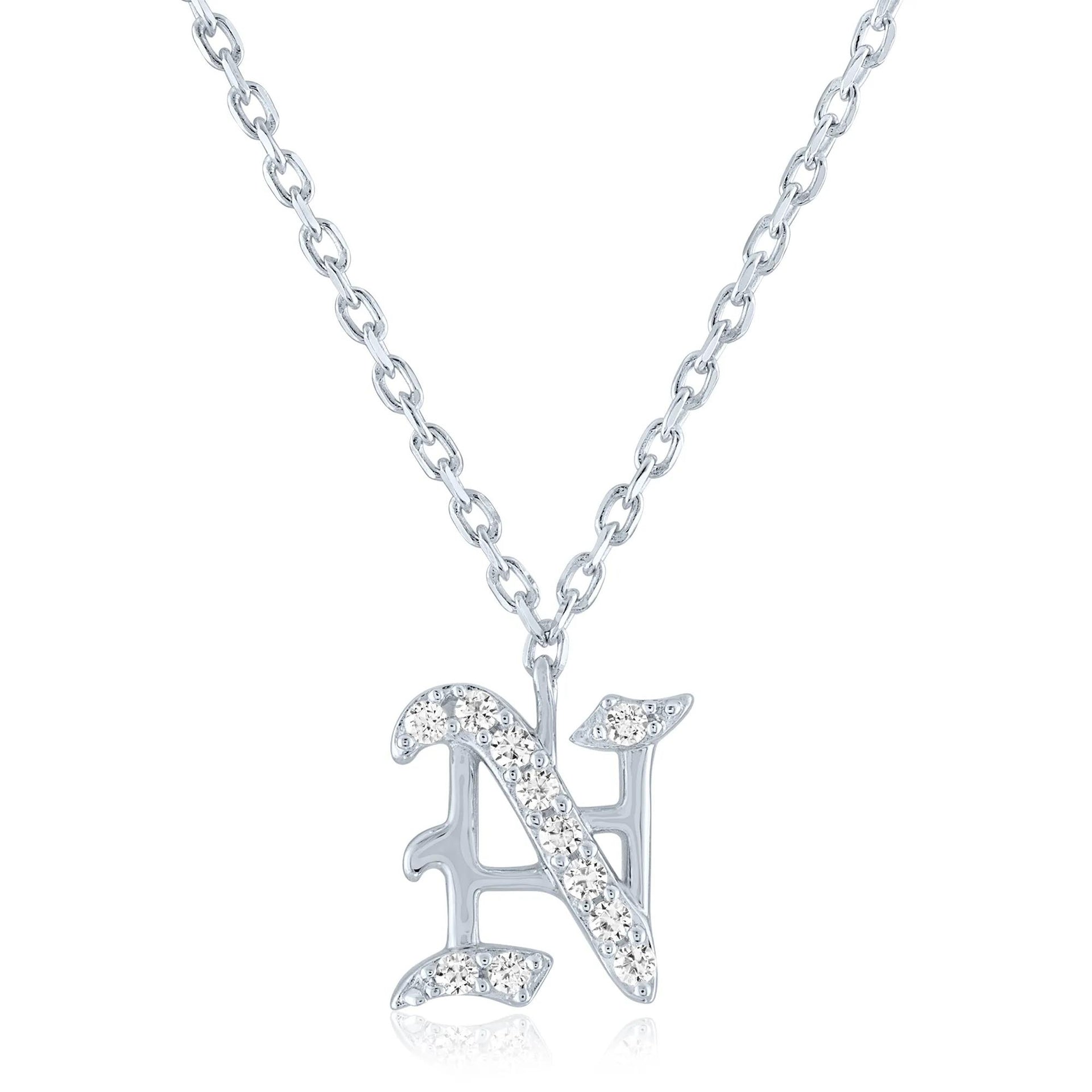 Diamond Accent Gothic Script N Initial Pendant Necklace .925 Sterling Silver White Size 18"