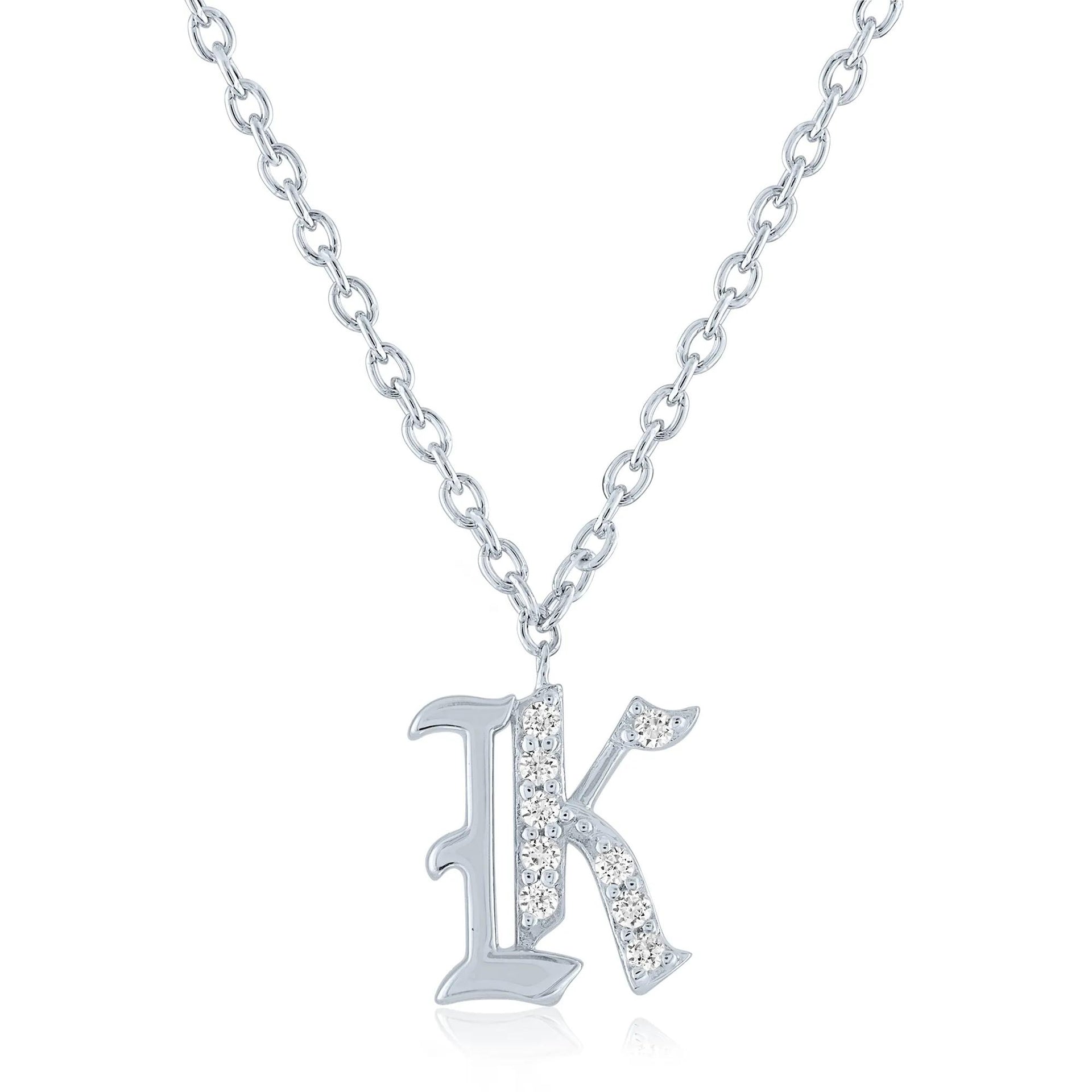 Diamond Accent Gothic Script K Initial Pendant Necklace .925 Sterling Silver White Size 18"