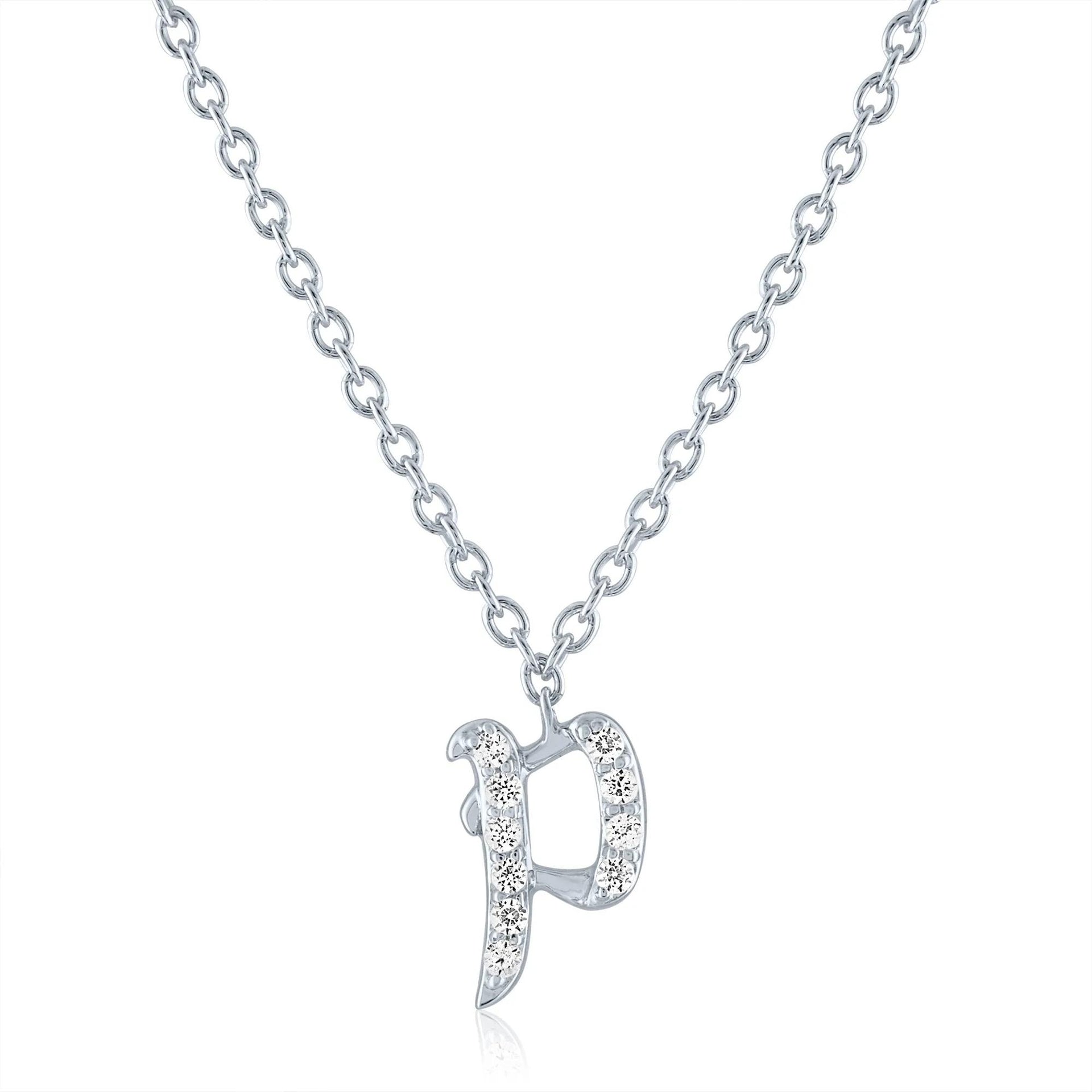 Diamond Accent Gothic Script P Initial Pendant Necklace .925 Sterling Silver White Size 18"