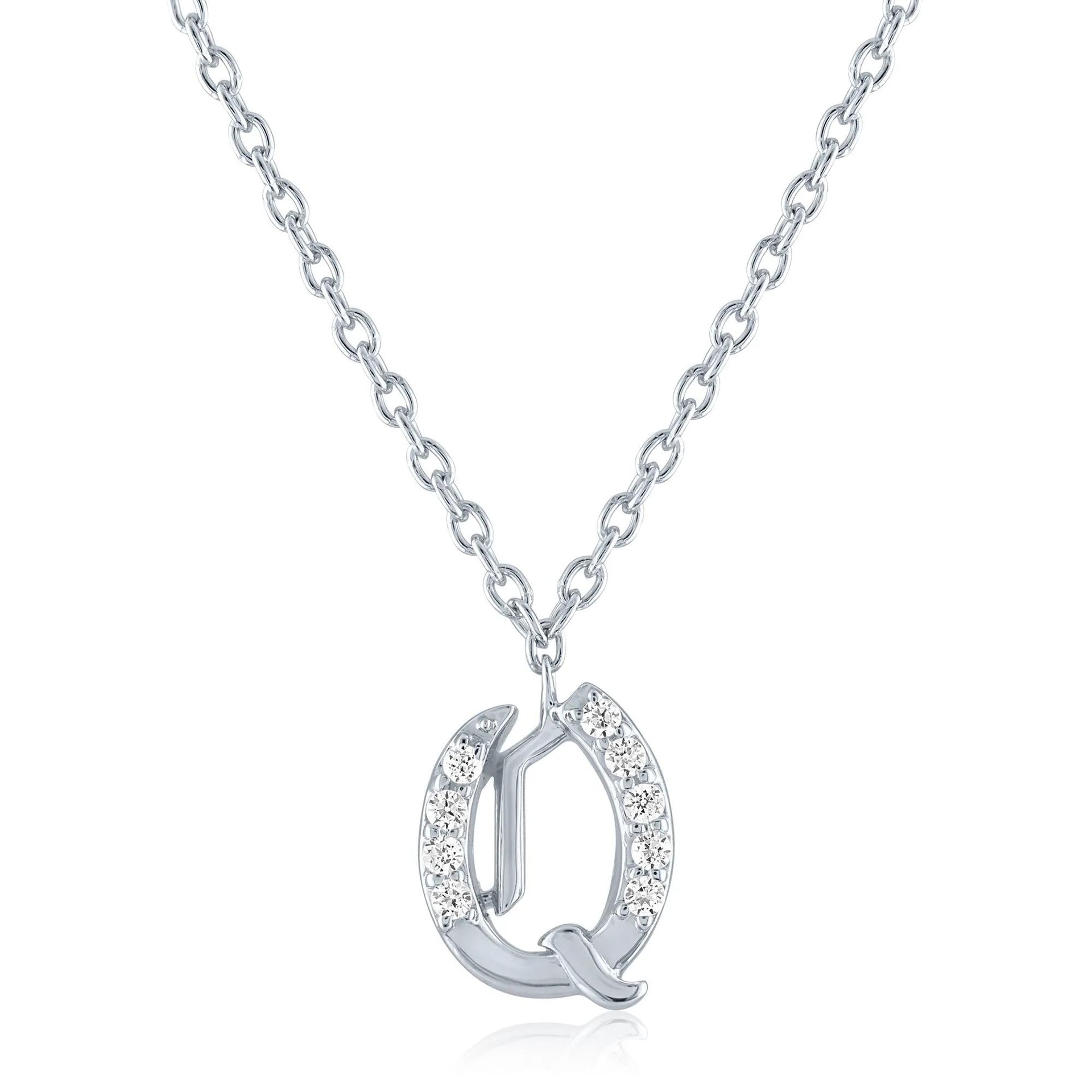 Diamond Accent Gothic Script Q Initial Pendant Necklace .925 Sterling Silver White Size 18"