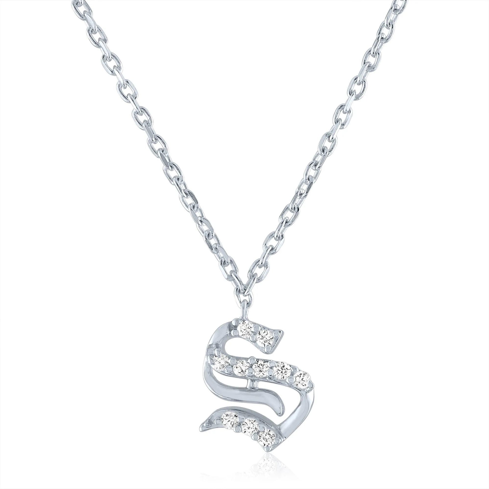 Diamond Accent Gothic Script S Initial Pendant Necklace .925 Sterling Silver White Size 18"