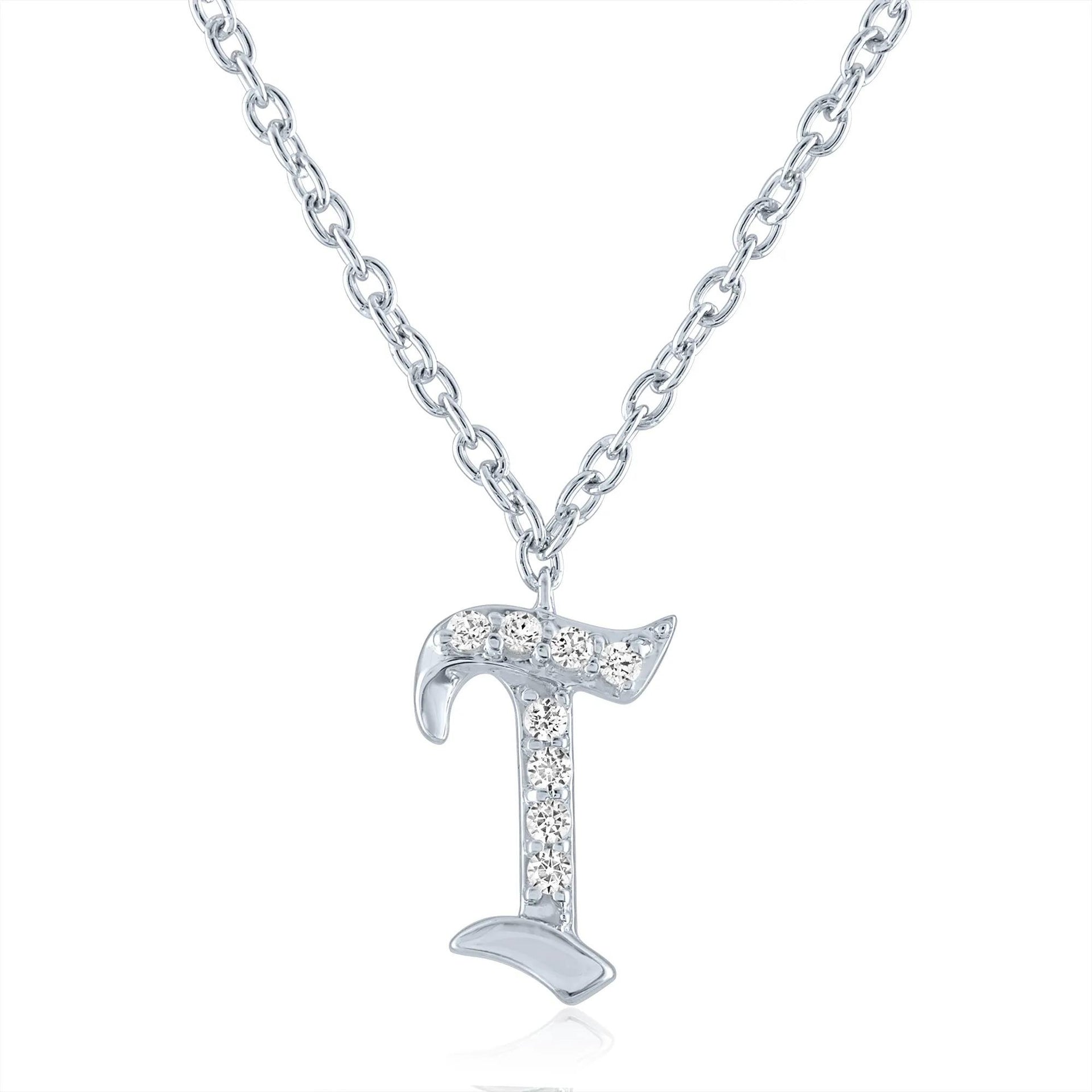 Diamond Accent Gothic Script T Initial Pendant Necklace .925 Sterling Silver White Size 18"