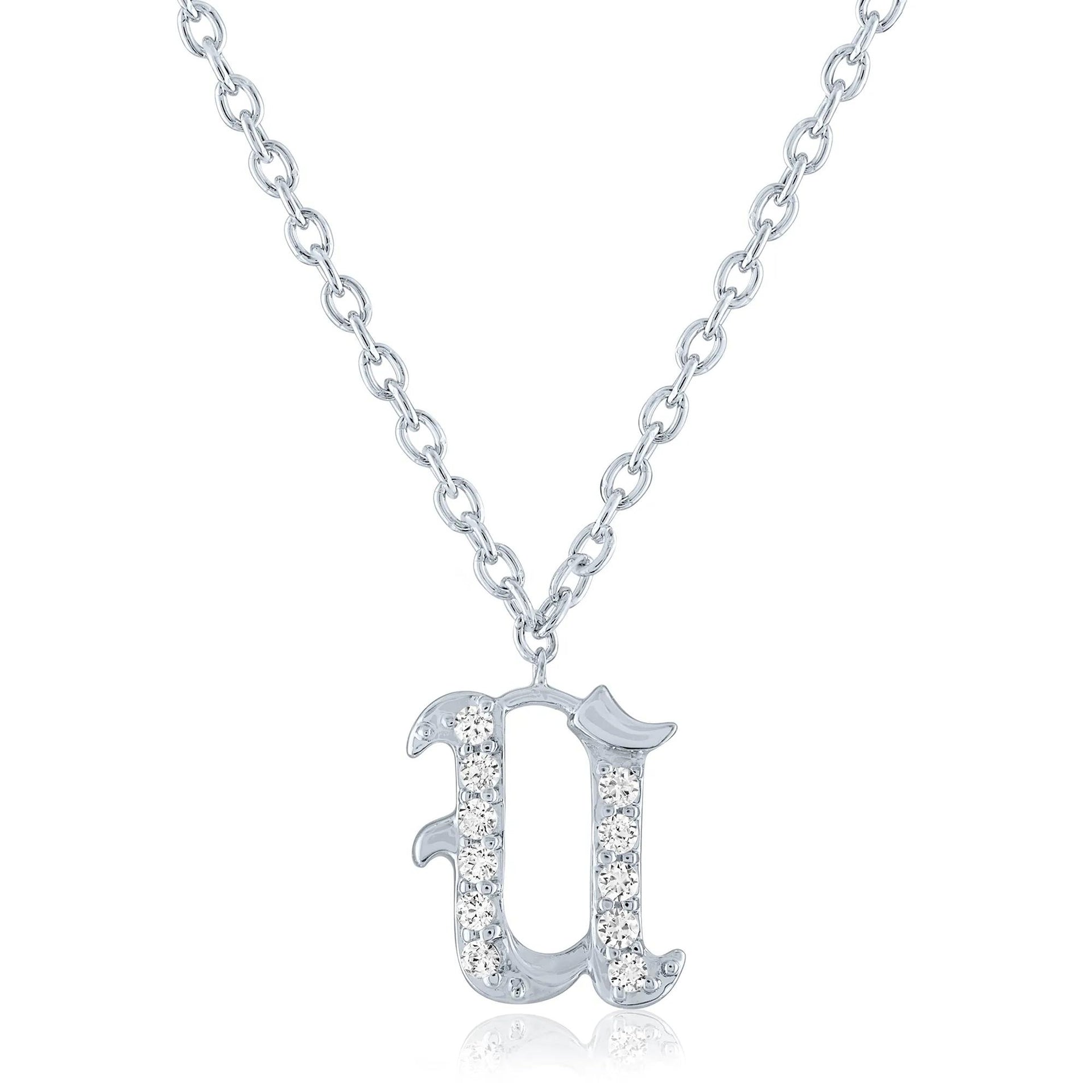 Diamond Accent Gothic Script U Initial Pendant Necklace .925 Sterling Silver White Size 18"