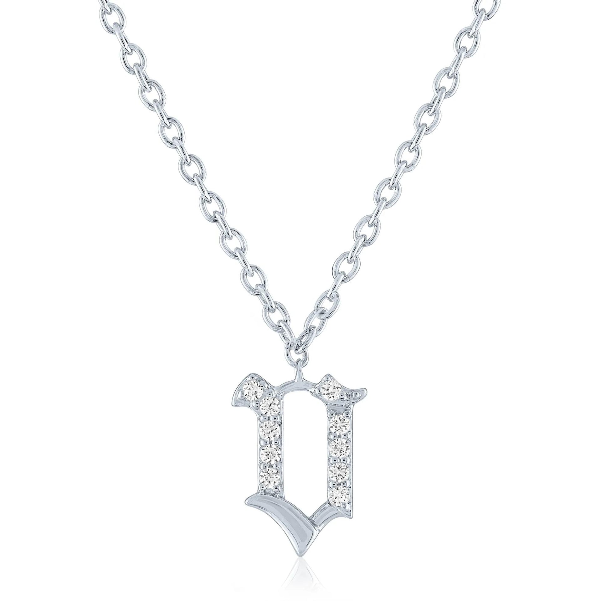Diamond Accent Gothic Script V Initial Pendant Necklace .925 Sterling Silver White Size 18"