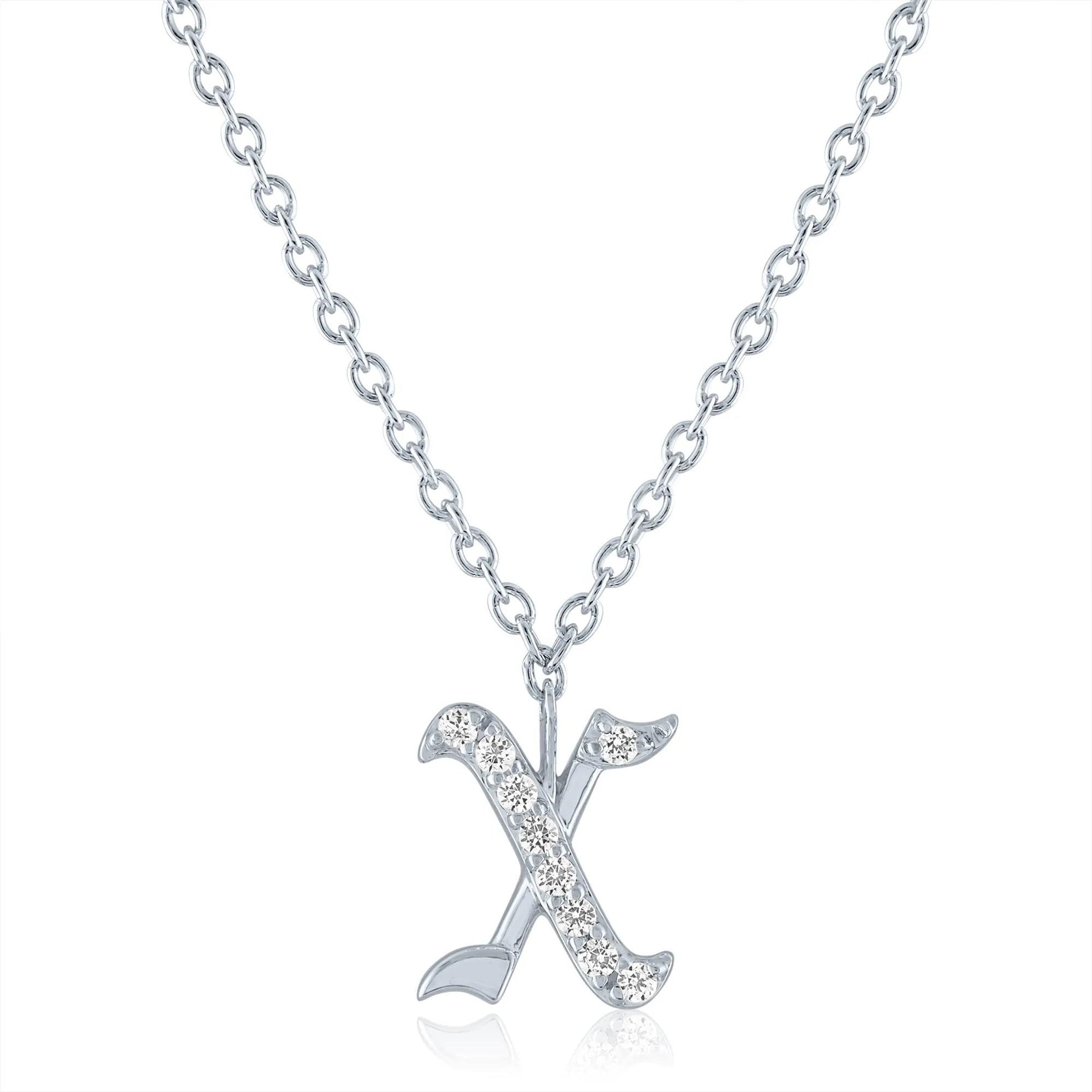 Diamond Accent Gothic Script X Initial Pendant Necklace .925 Sterling Silver White Size 18"