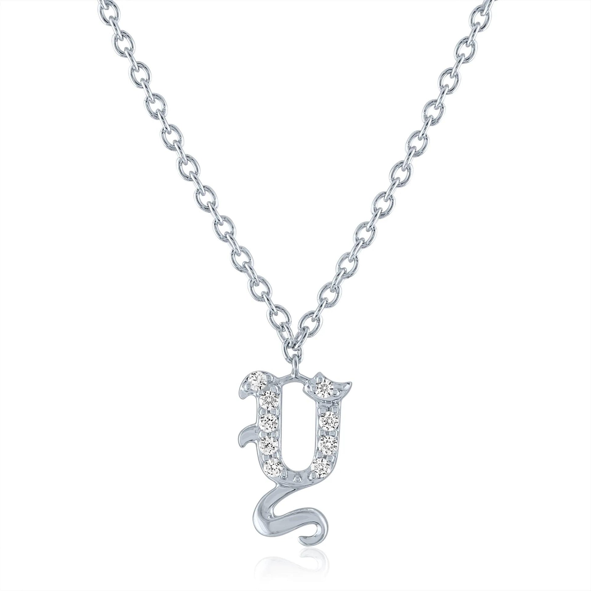 Diamond Accent Gothic Script Y Initial Pendant Necklace .925 Sterling Silver White Size 18"