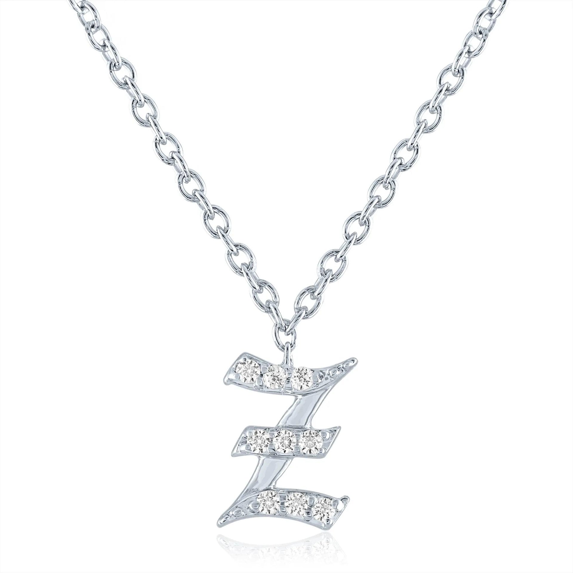 Diamond Accent Gothic Script Z Initial Pendant Necklace .925 Sterling Silver White Size 18"