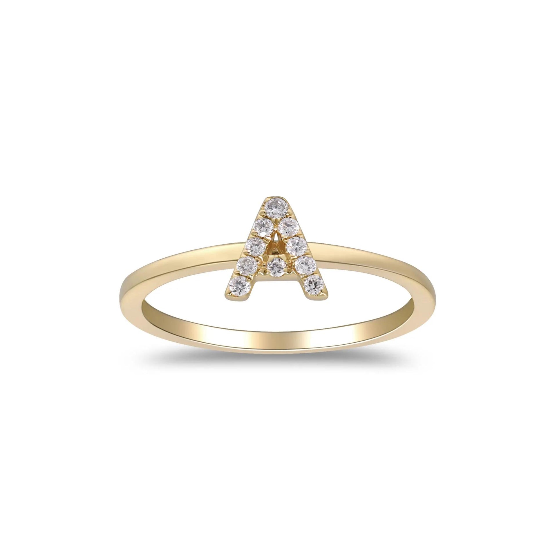 Diamond Accent "a" Initial Ring 10K Yellow Gold Round Brilliant Cut Size 7 2mm