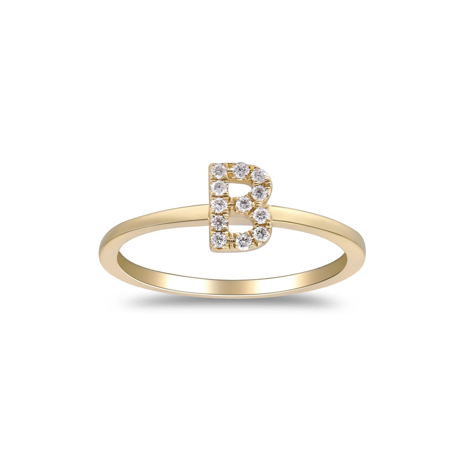 Diamond Accent "b" Initial Ring 10K Yellow Gold Round Brilliant Cut Size 6 2mm