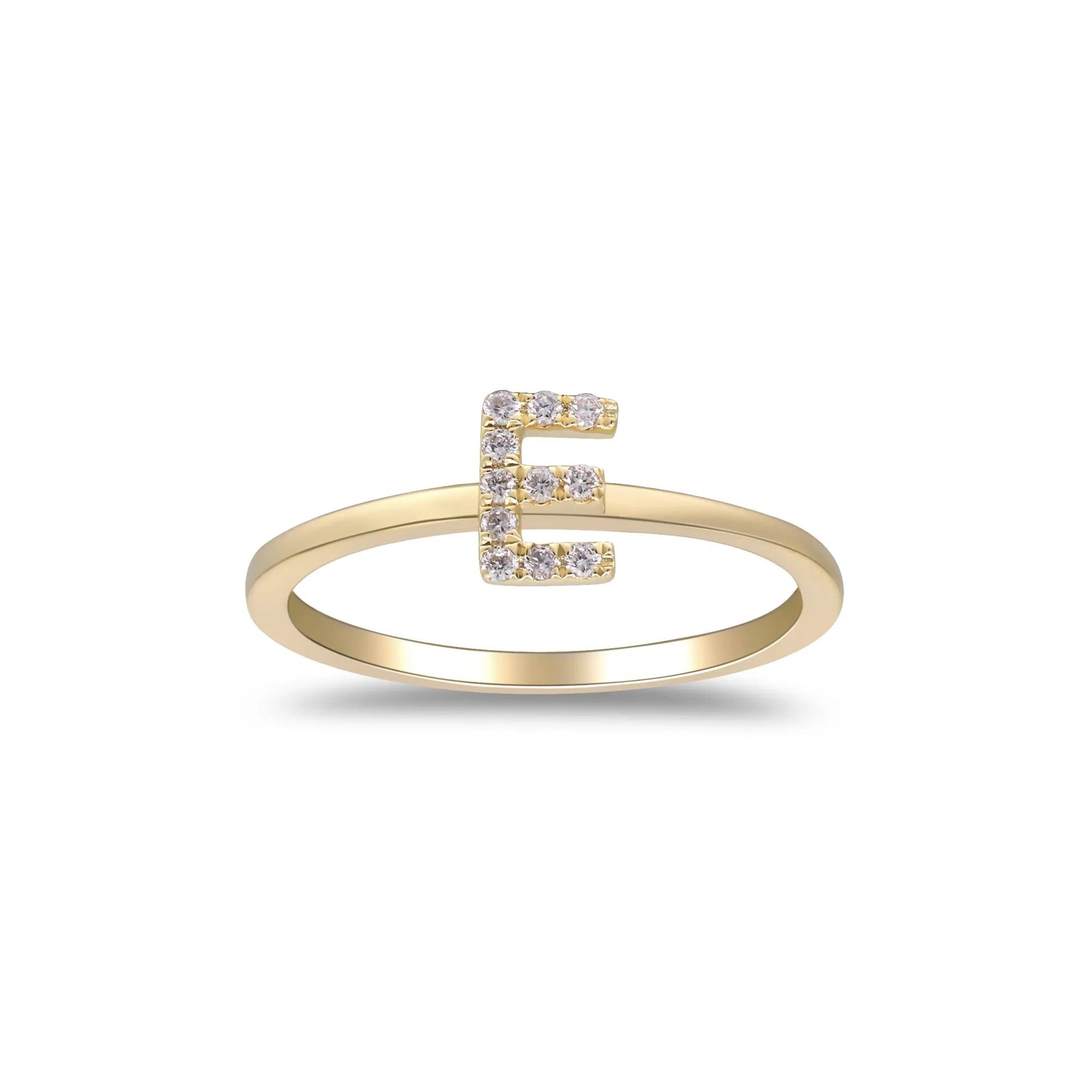 Diamond Accent "e" Initial Ring 10K Yellow Gold Round Brilliant Cut Size 9 2mm