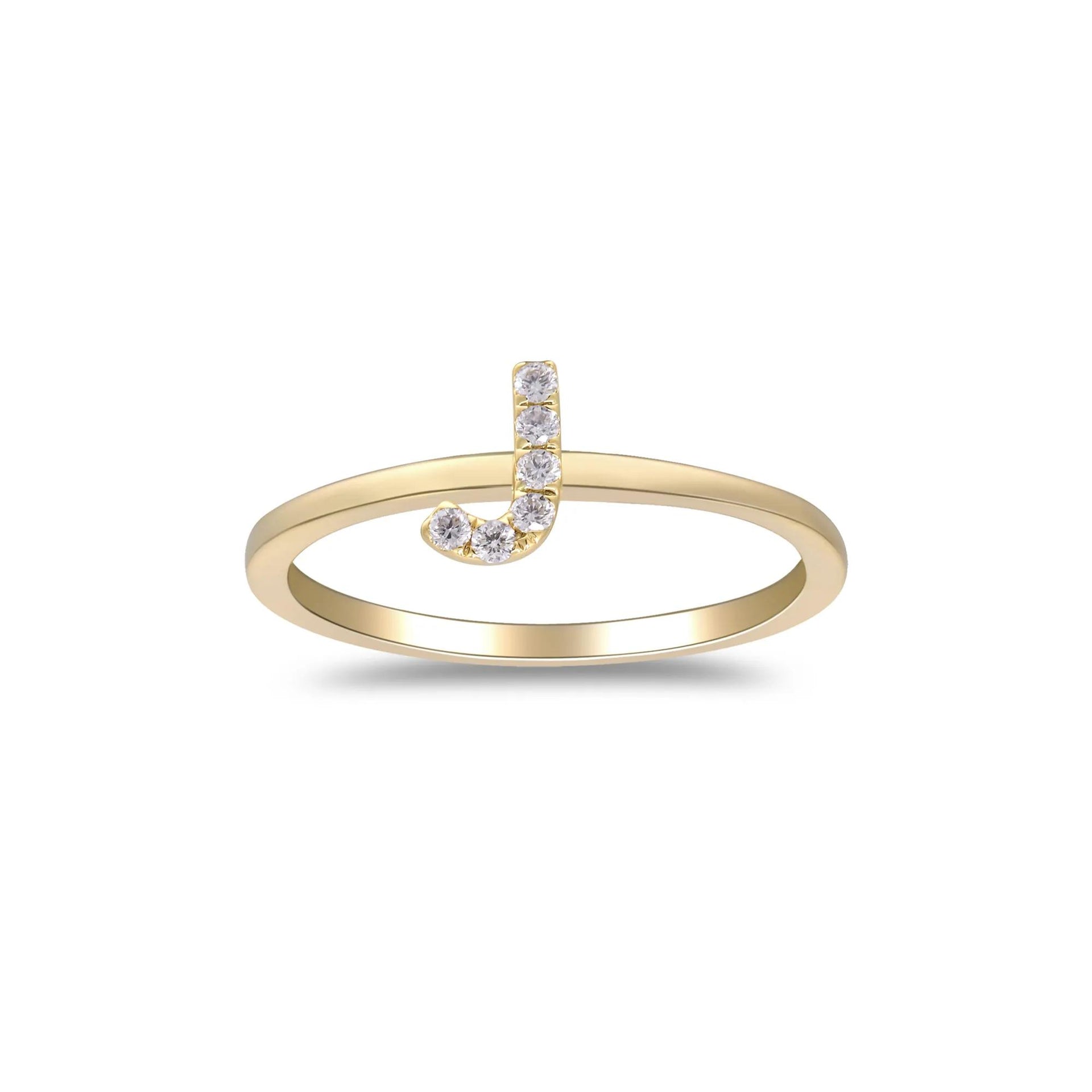 Diamond Accent "j" Initial Ring 10K Yellow Gold Round Brilliant Cut Size 9 2mm