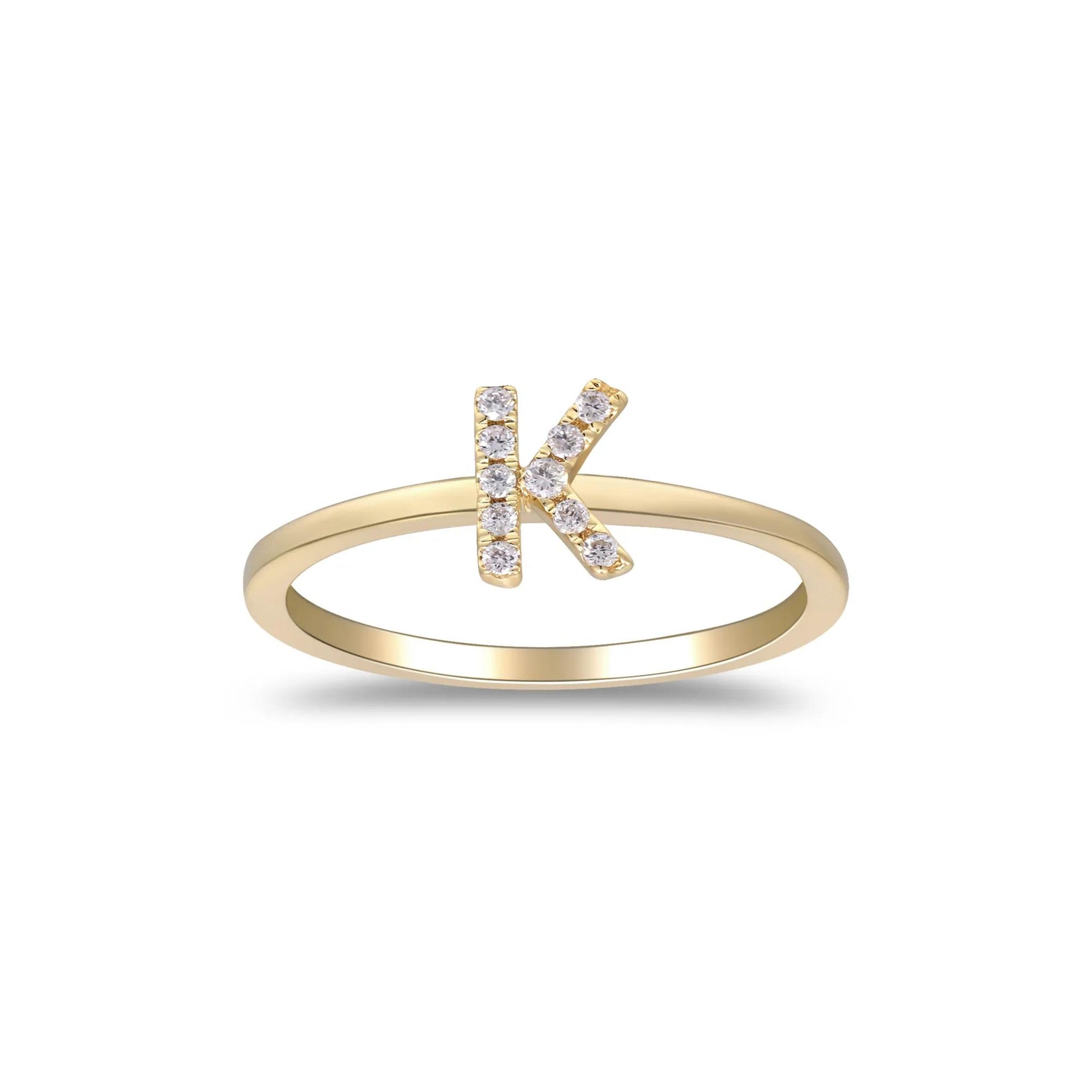 Diamond Accent "k" Initial Ring 10K Yellow Gold Round Brilliant Cut Size 9 2mm