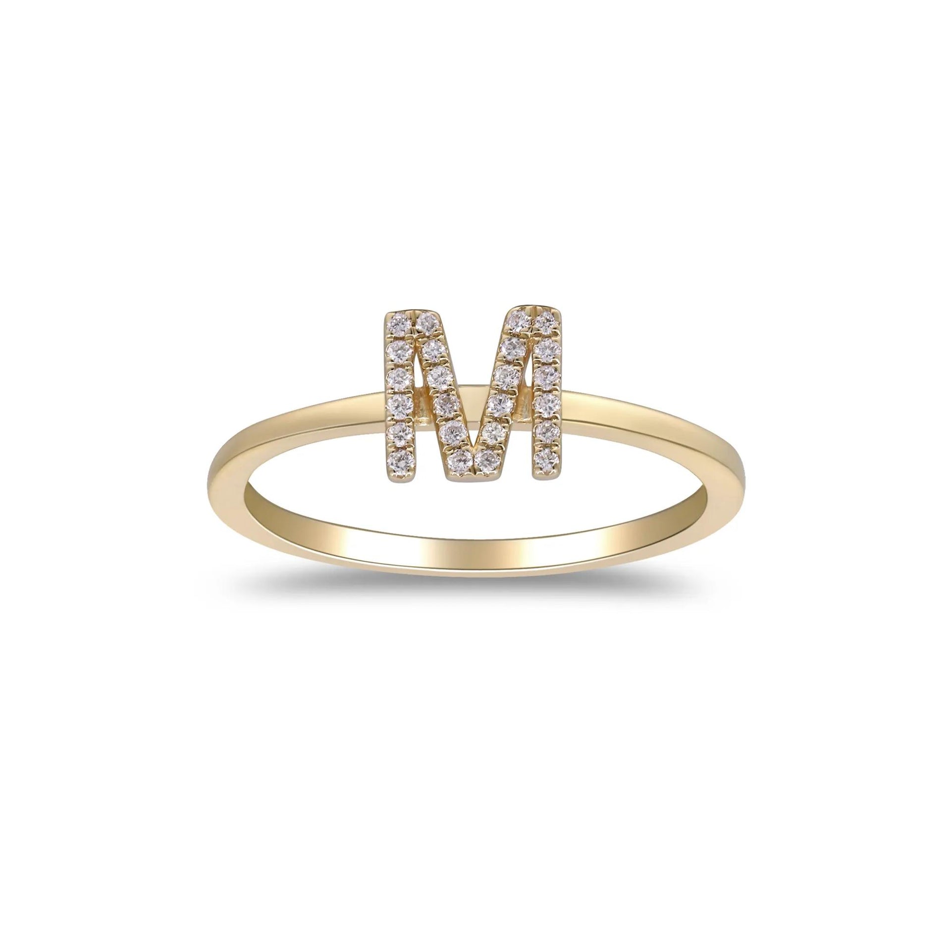 Diamond Accent "m" Initial Ring 10K Yellow Gold Round Brilliant Cut Size 9 2mm