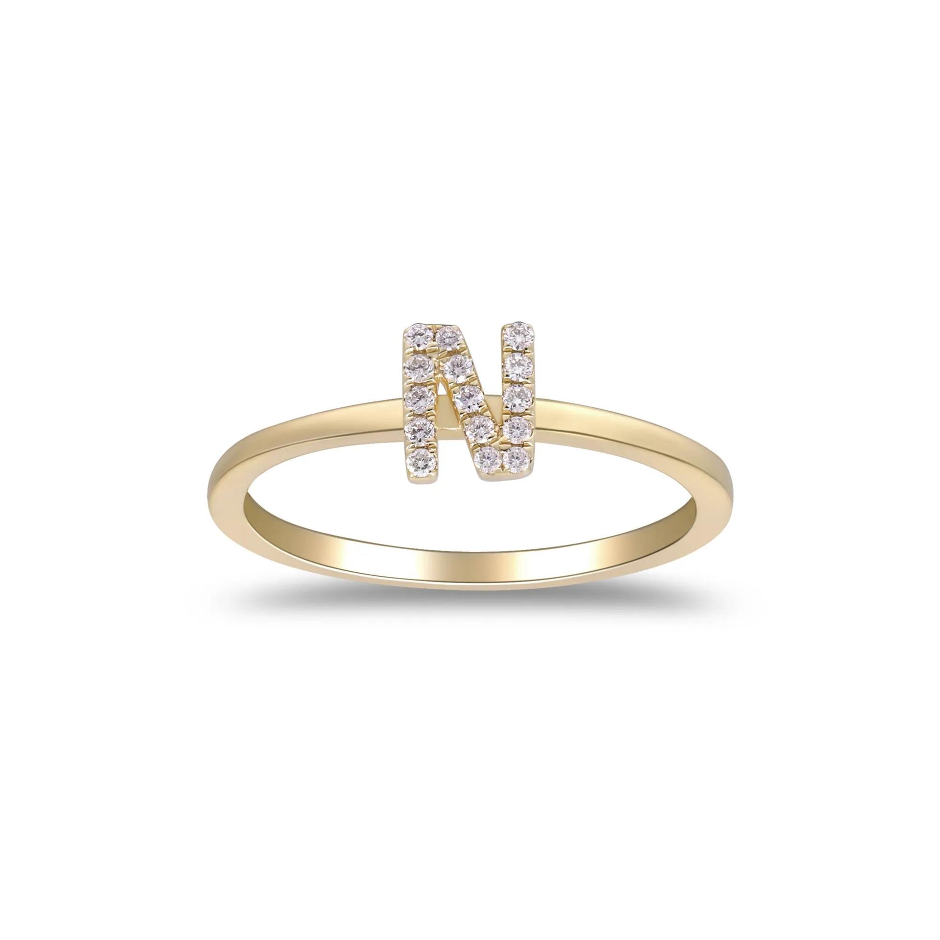 Diamond Accent "n" Initial Ring 10K Yellow Gold Round Brilliant Cut Size 6 2mm