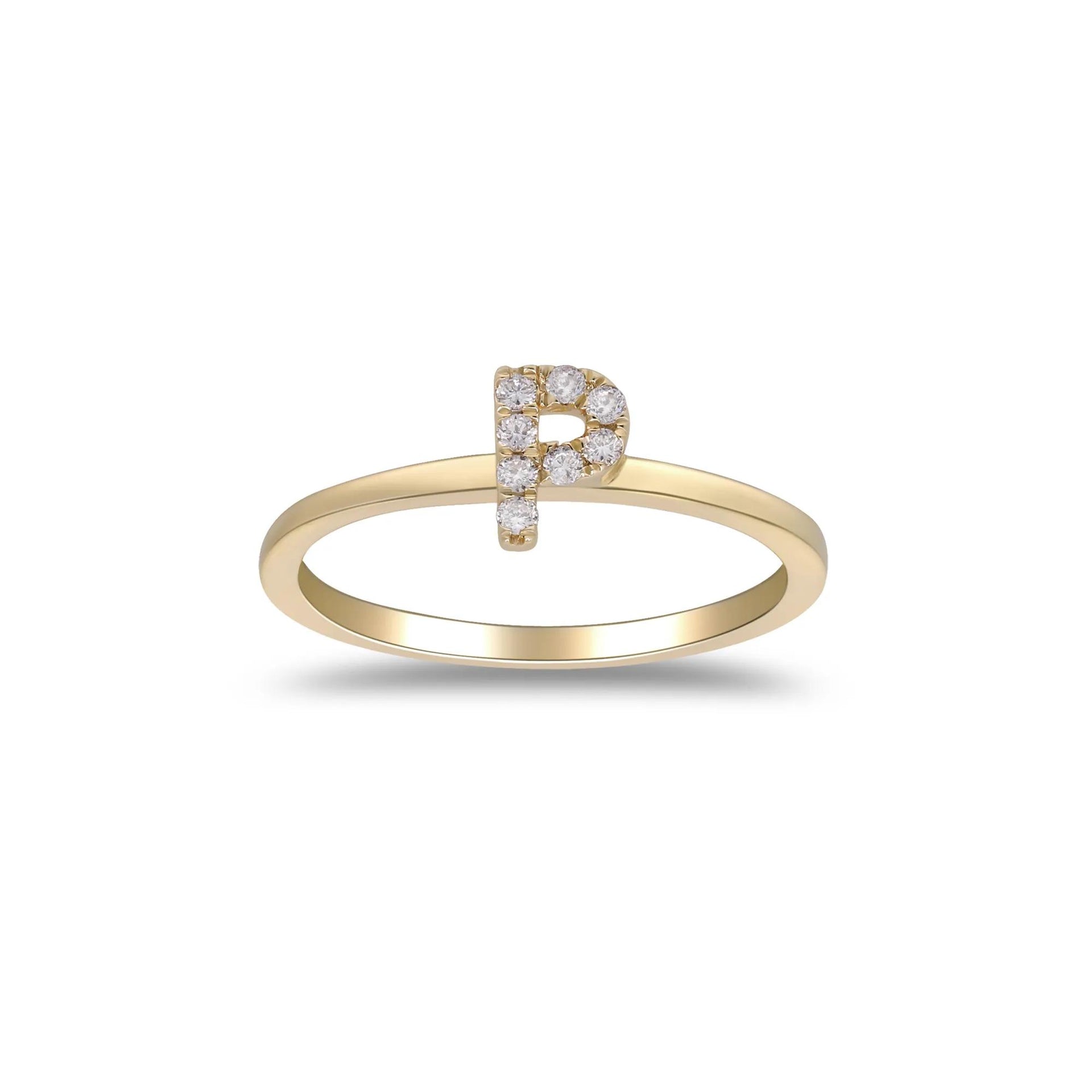 Diamond Accent "p" Initial Ring 10K Yellow Gold Round Brilliant Cut Size 9 2mm