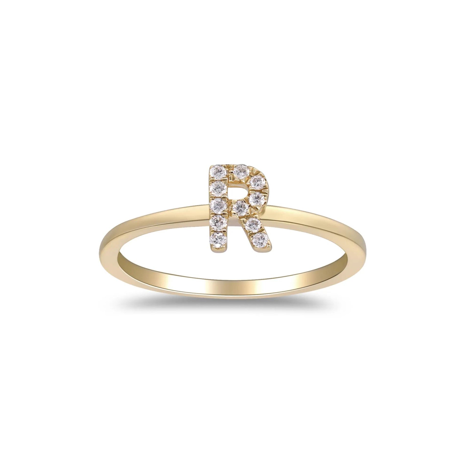 Diamond Accent "r" Initial Ring 10K Yellow Gold Round Brilliant Cut Size 7 2mm