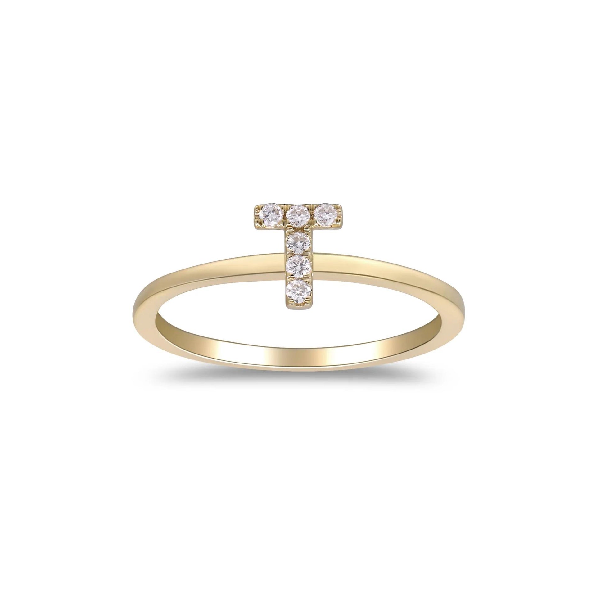 Diamond Accent "t" Initial Ring 10K Yellow Gold Round Brilliant Cut Size 9 2mm