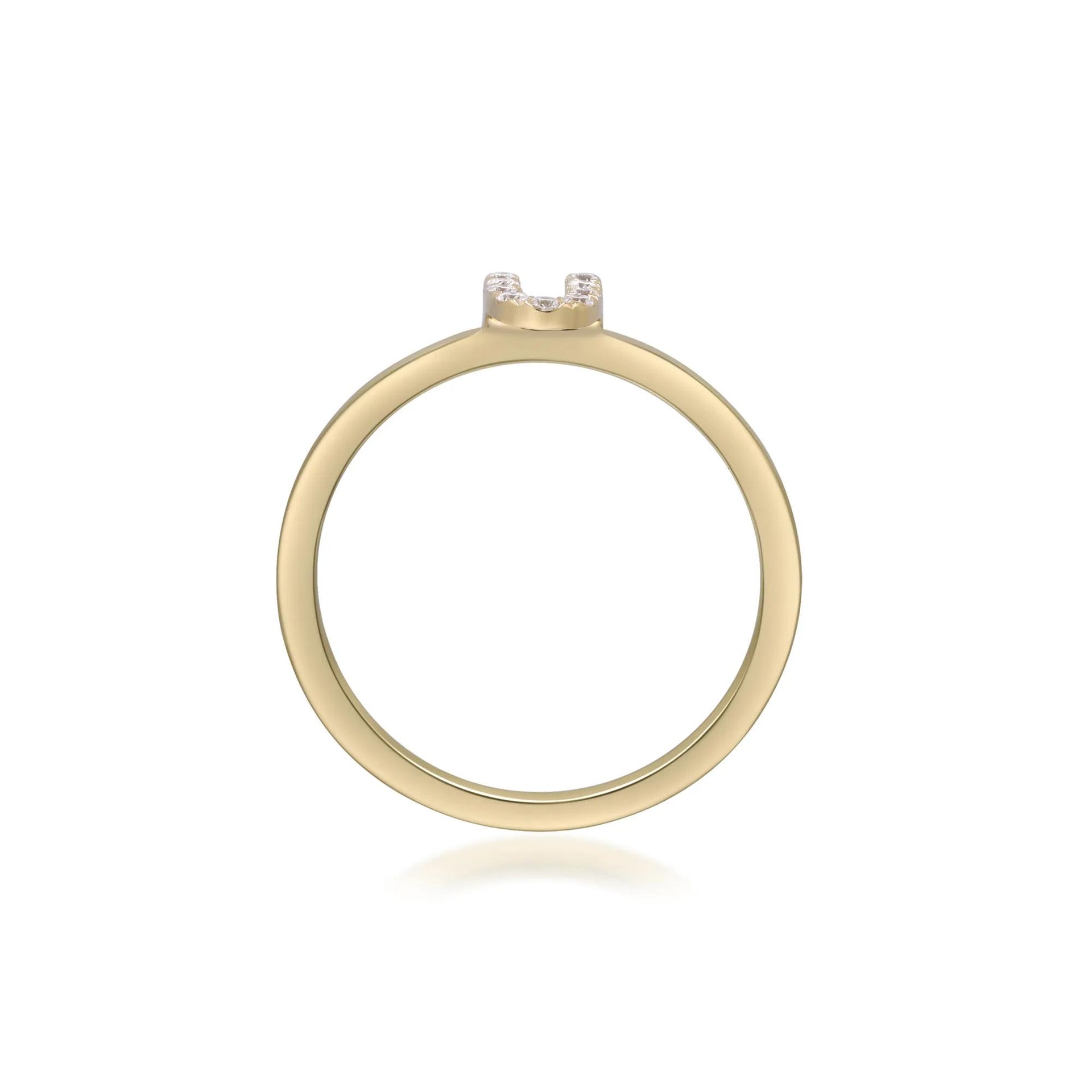 Diamond "u" Initial Ring 10K Yellow Gold Round Brilliant Cut Size 5 2mm
