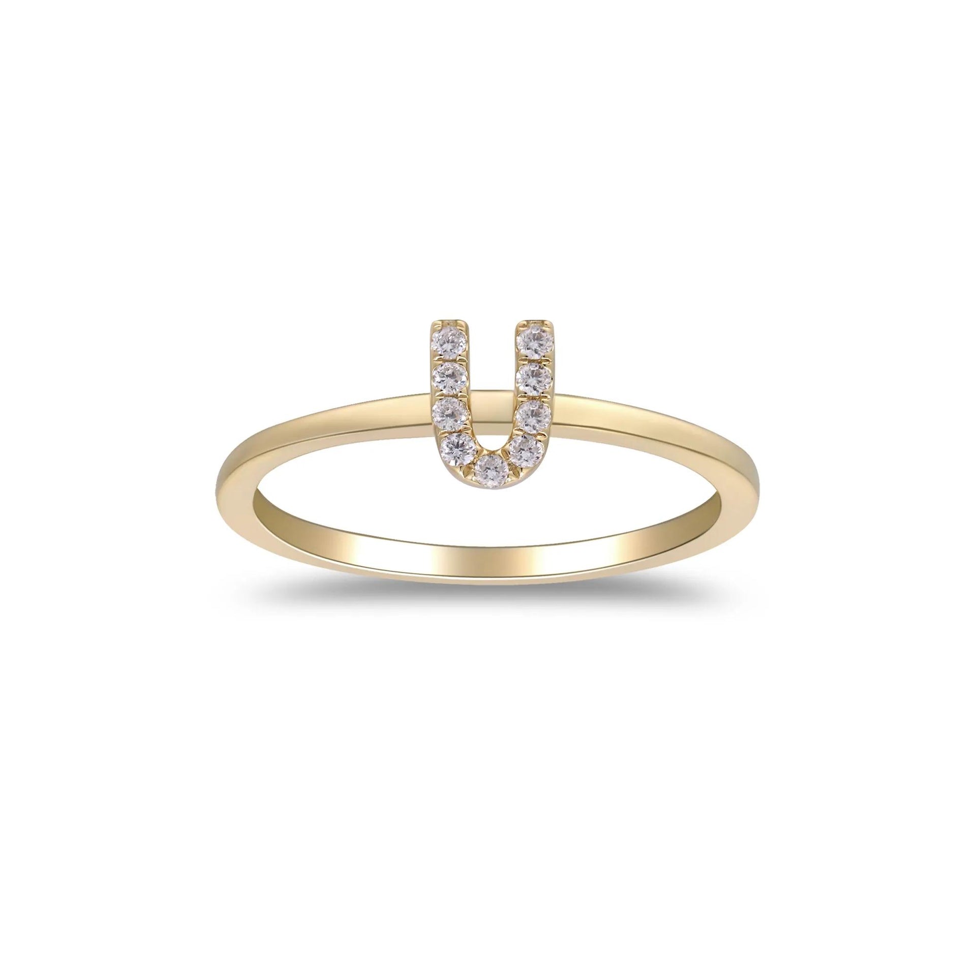 Diamond "u" Initial Ring 10K Yellow Gold Round Brilliant Cut Size 5 2mm