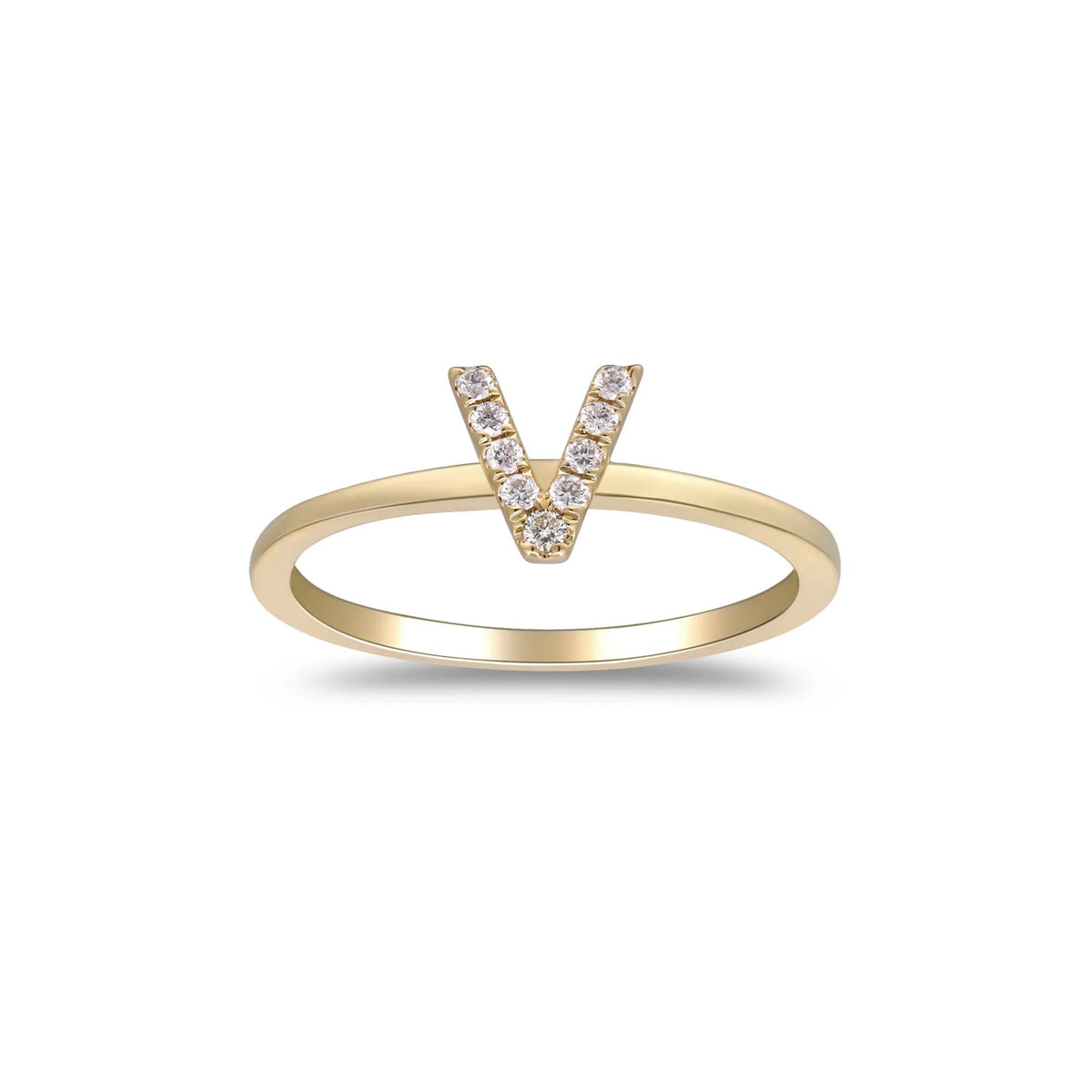 Diamond Accent "v" Initial Ring 10K Yellow Gold Round Brilliant Cut Size 8 2mm