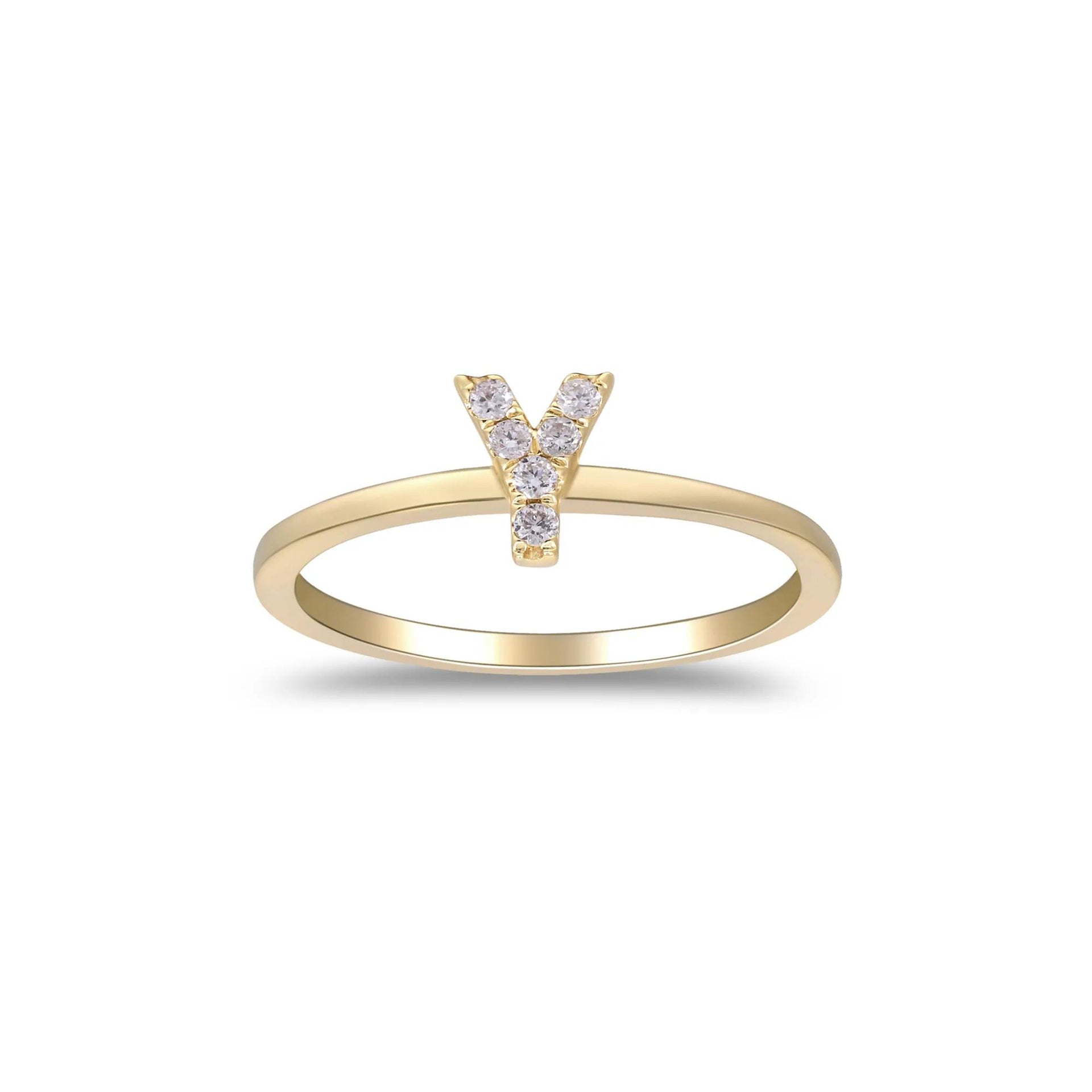 Diamond Accent "y" Initial Ring 10K Yellow Gold Round Brilliant Cut Size 8 2mm