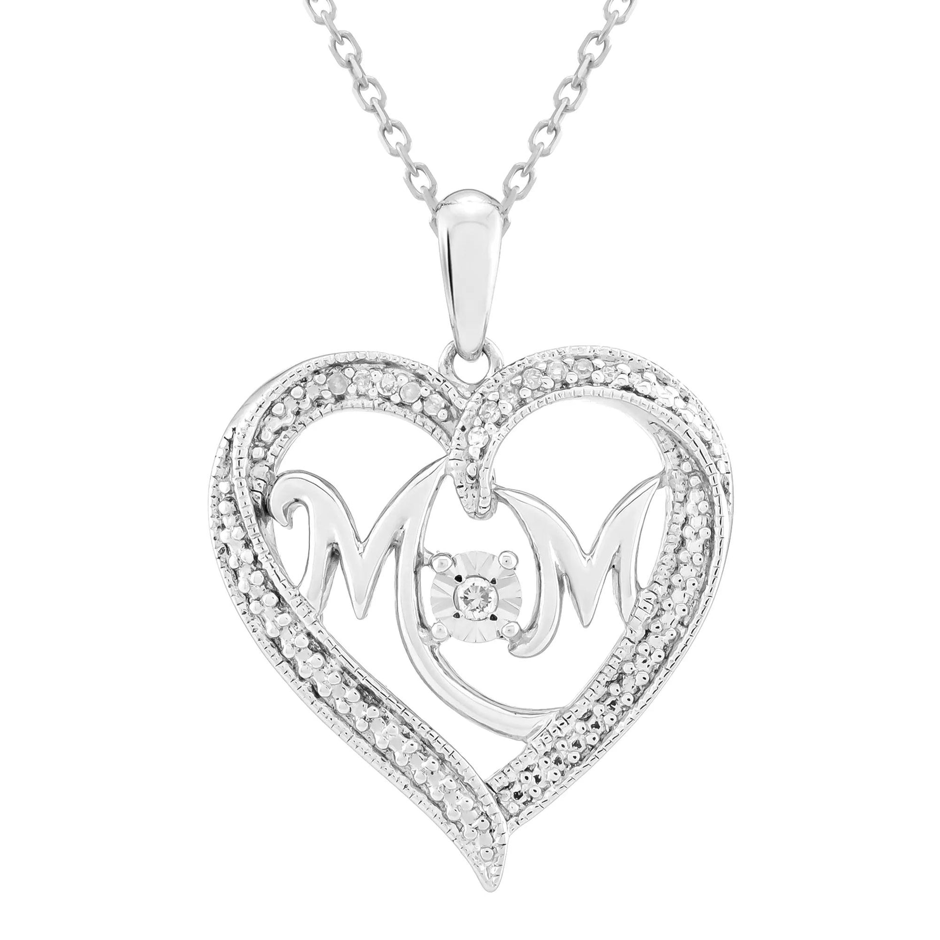 Diamond Accent Mom Heart Pendant Necklace .925 Sterling Silver White Size 20"