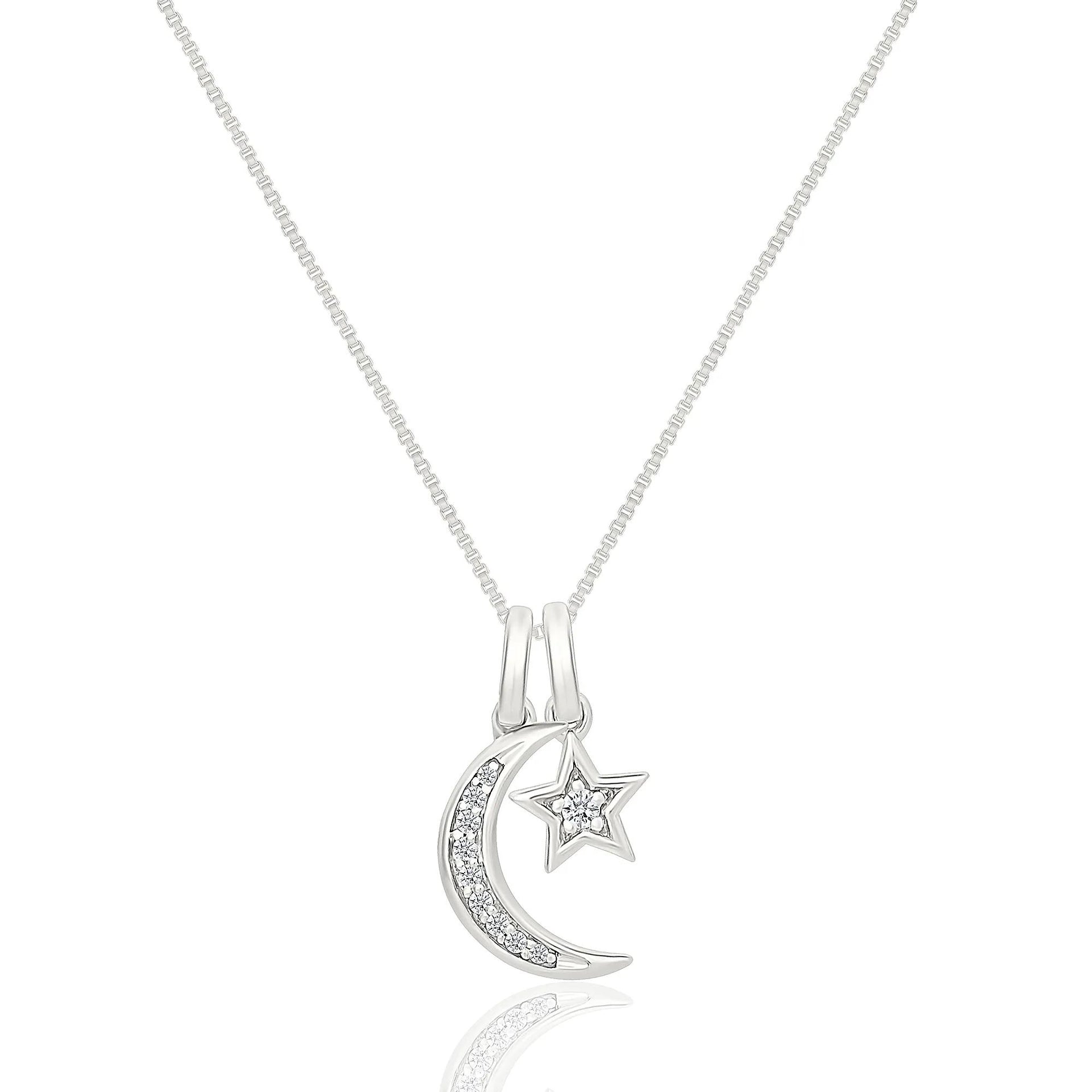 Diamond Accent Moon and Star Pendant Necklace .925 Sterling Silver White Size 18"