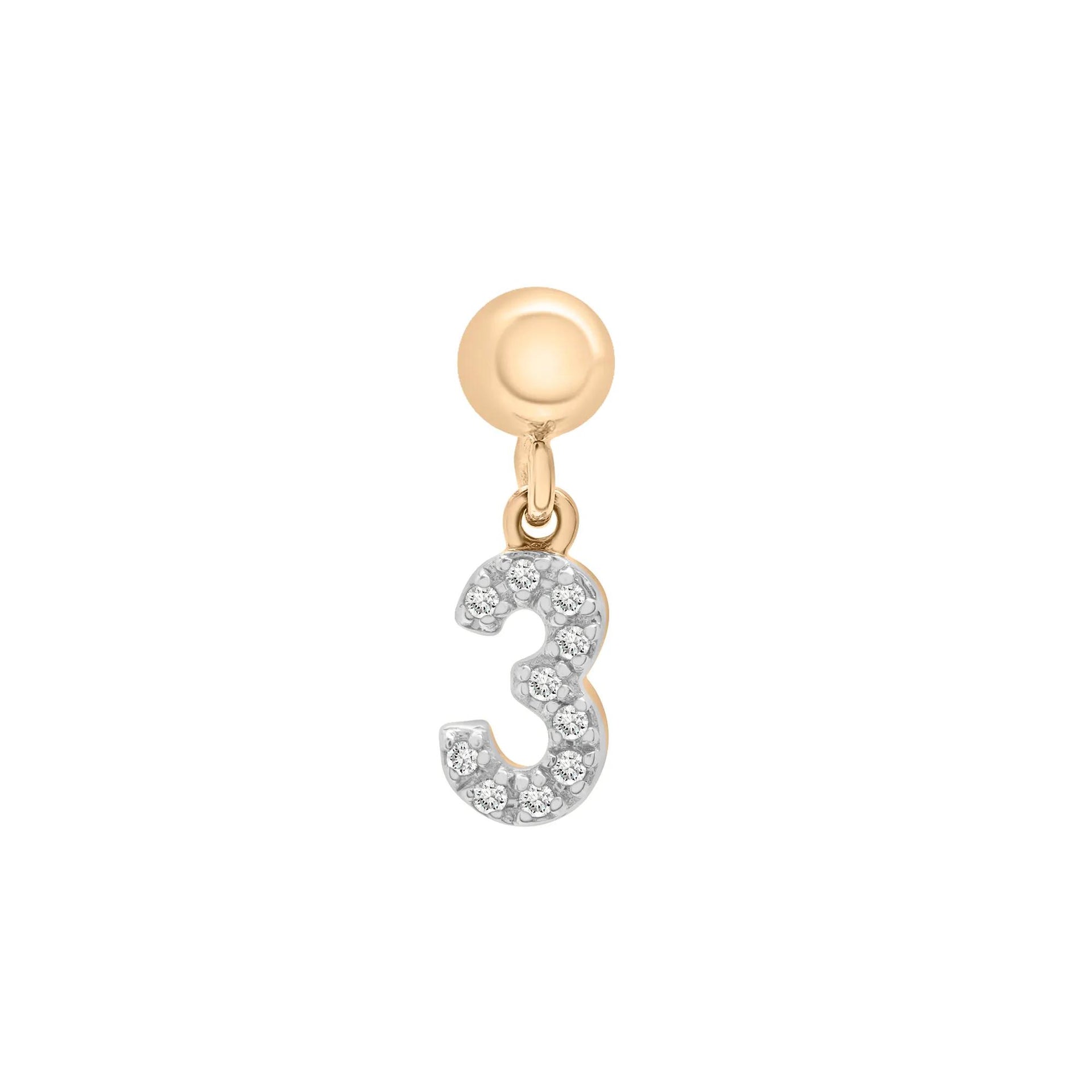 Diamond Accent Number 3 Bead Charm Vermeil Yellow Size 12.50mm