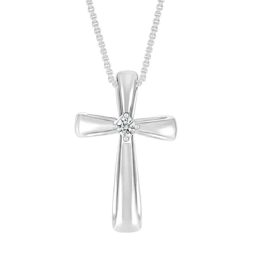 Diamond Accent Puff Cross Pendant Necklace .925 Sterling Silver White Size 18"