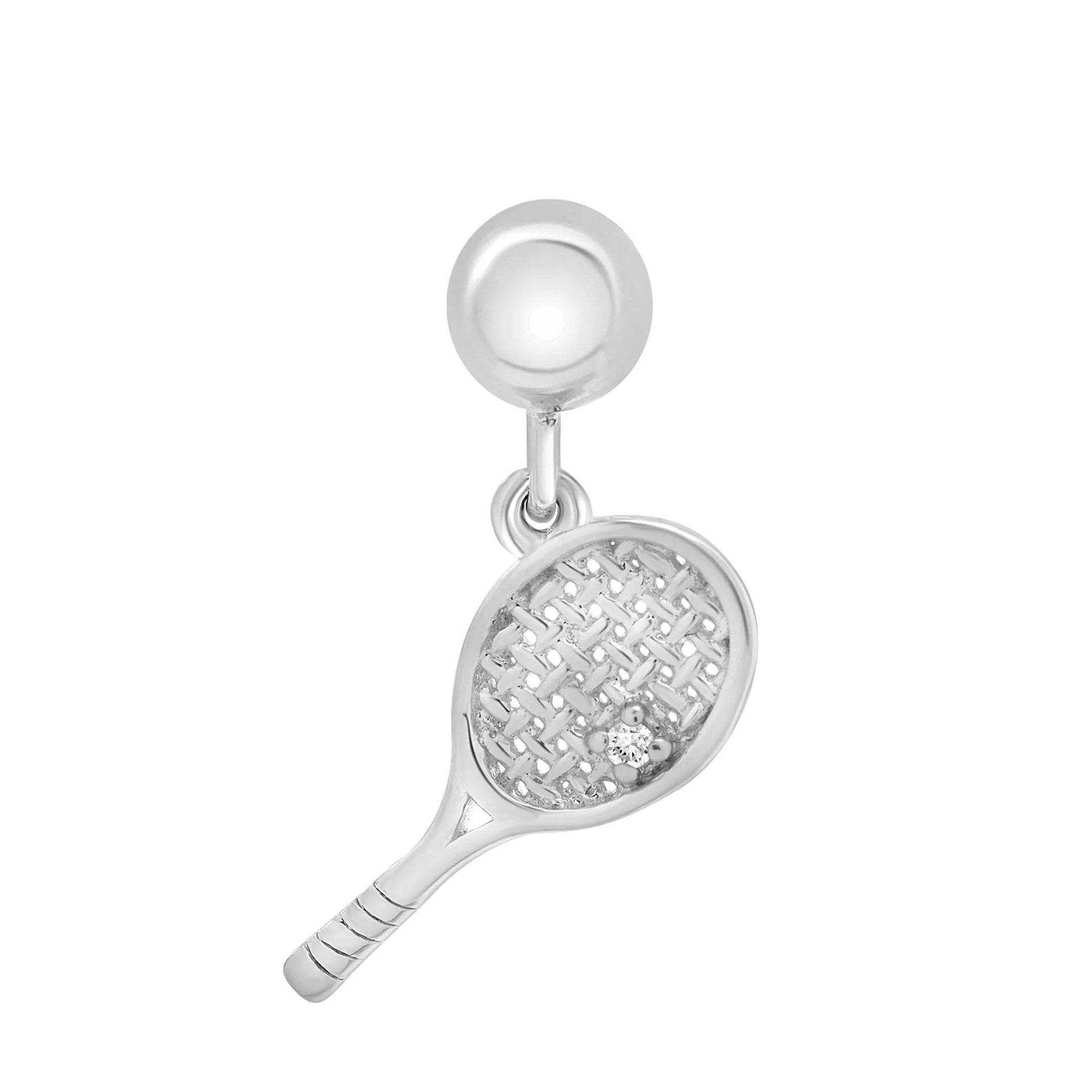 Diamond Accent Tennis Racket Bead Charm .925 Sterling Silver White Size 15.50mm