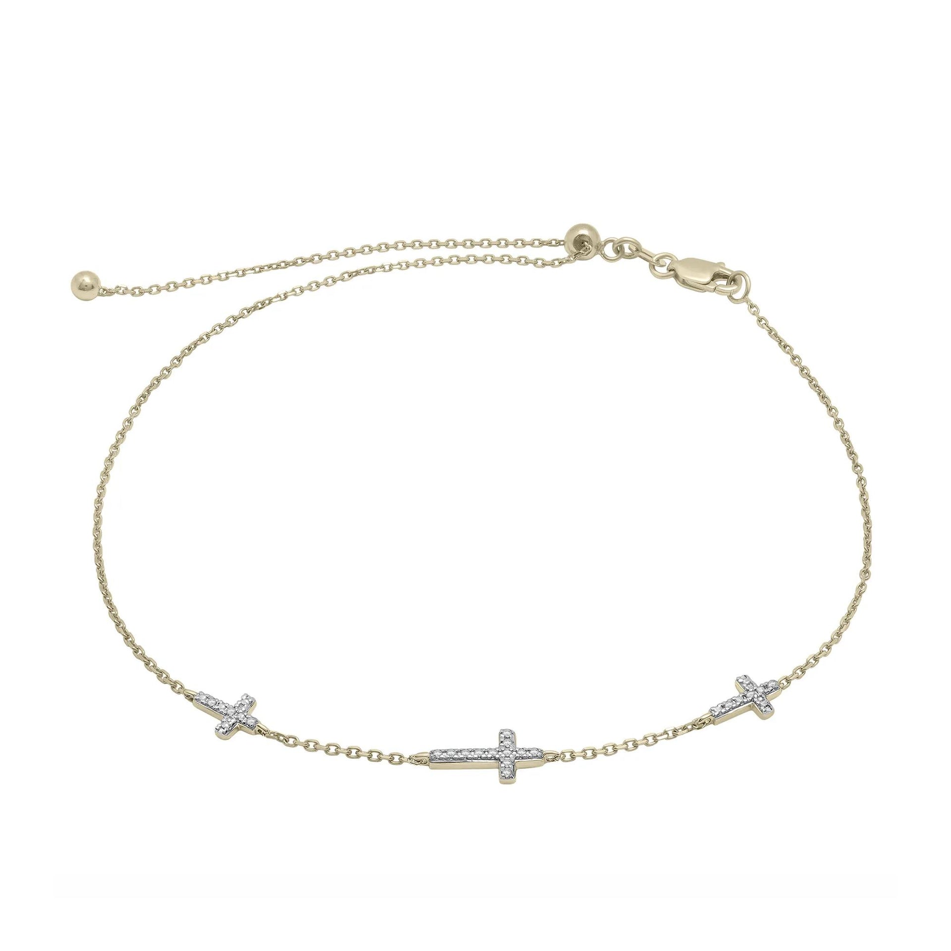 Diamond Accent Three Cross Bracelet 10K Yellow Gold Size 5.30mm