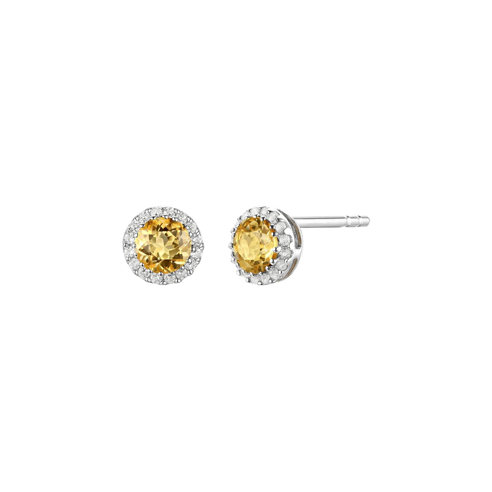Diamond & Citrine Stud Earrings 14K White Gold Size 4.50mm