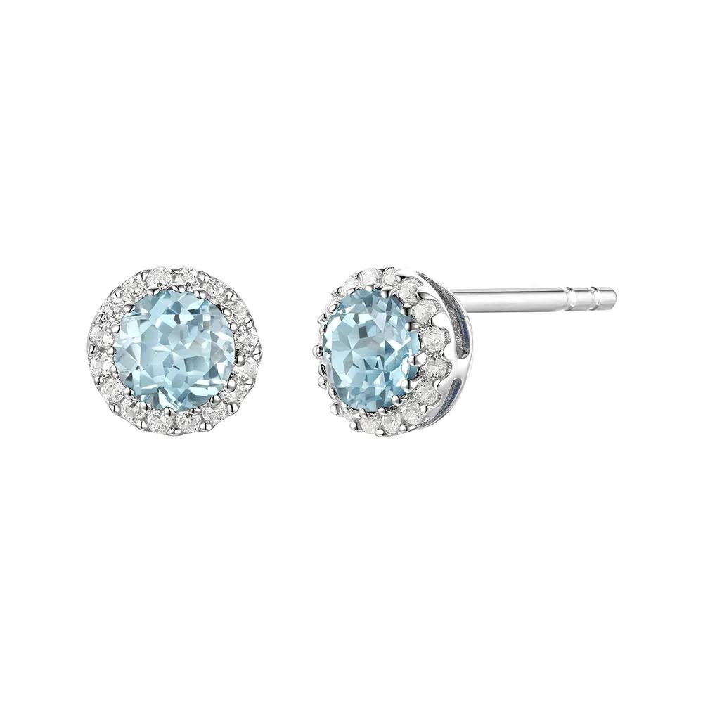 Diamond & Aquamarine Stud Earrings 14K White Gold Size 4.50mm