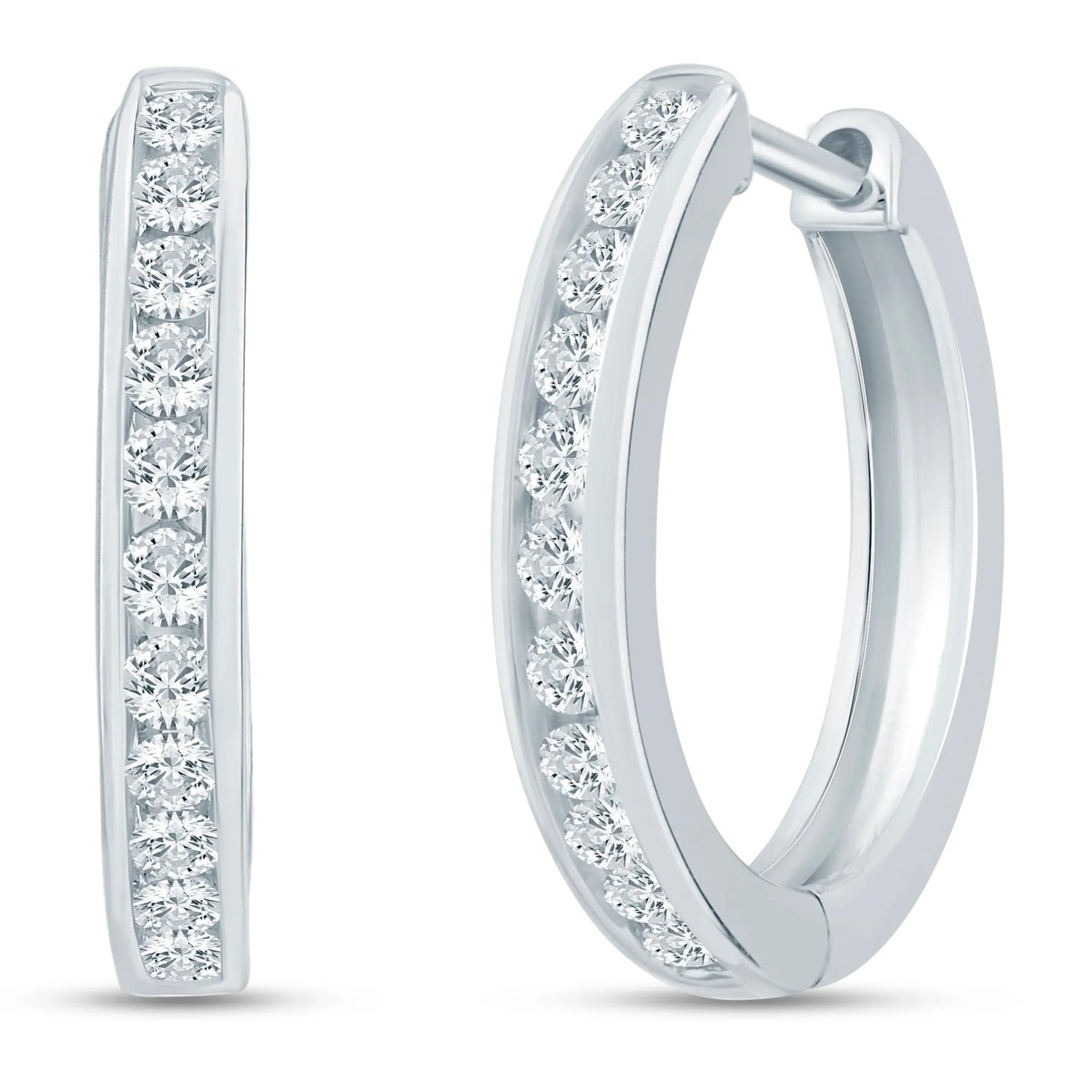 1/2 CT. Tw. Diamond Channel Hoop Earrings 10K White Gold Size 17.50mm