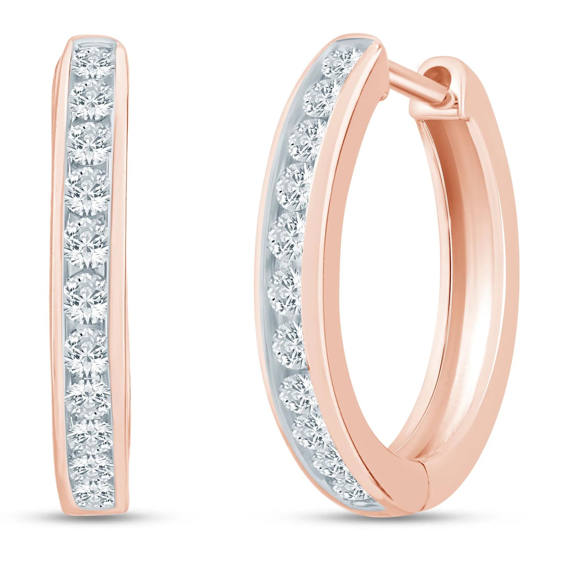 1/2 CT. Tw. Diamond Channel Hoop Earrings 10K Rose Gold Size 17.50mm