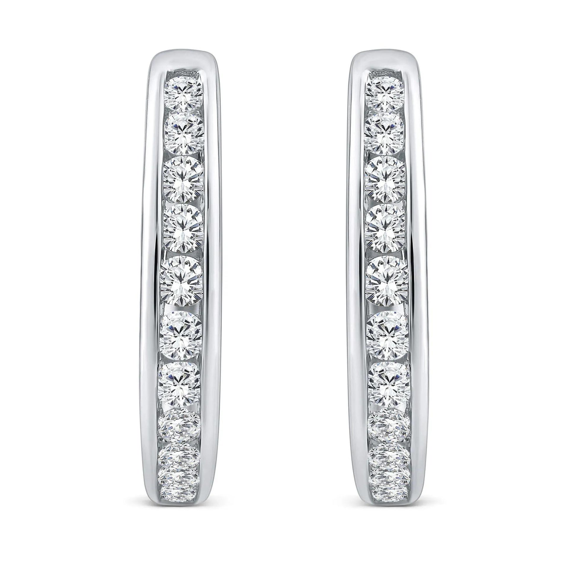 1/2 CT. Tw. Diamond Channel-Set Hoop Earrings 10K White Gold Size 13.50mm