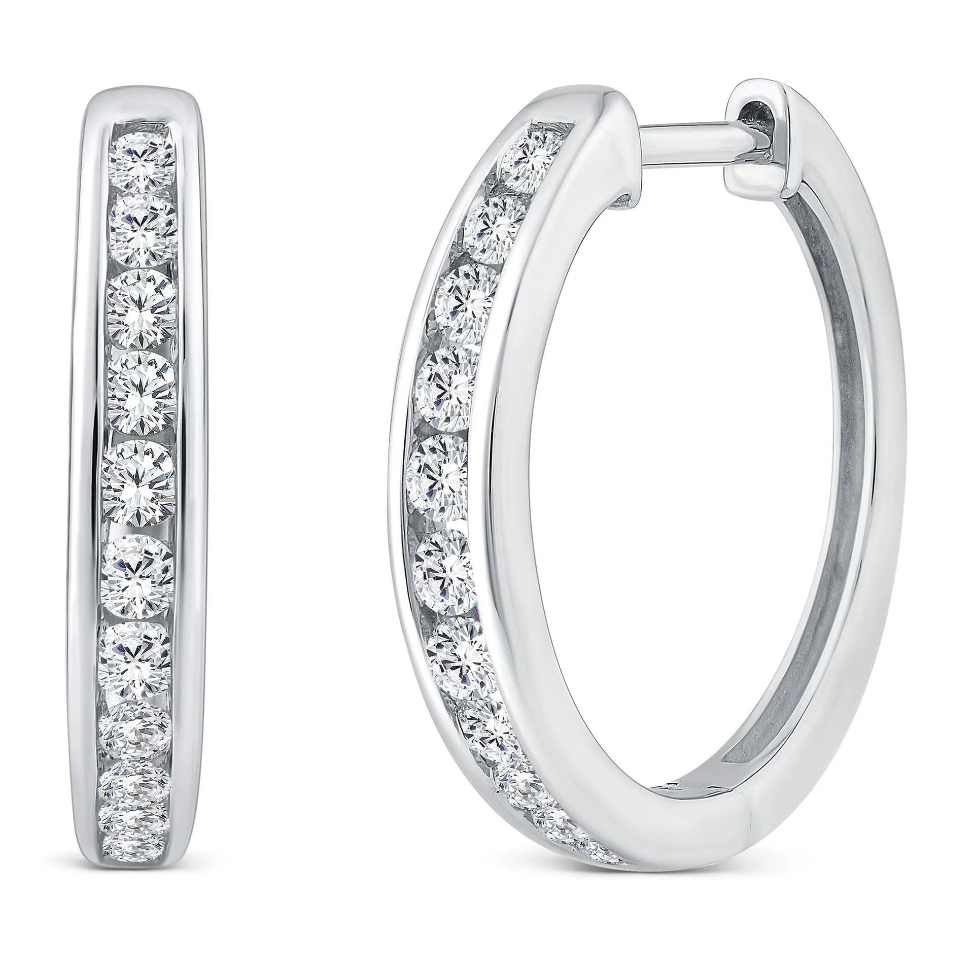 1/2 CT. Tw. Diamond Channel-Set Hoop Earrings 10K White Gold Size 13.50mm