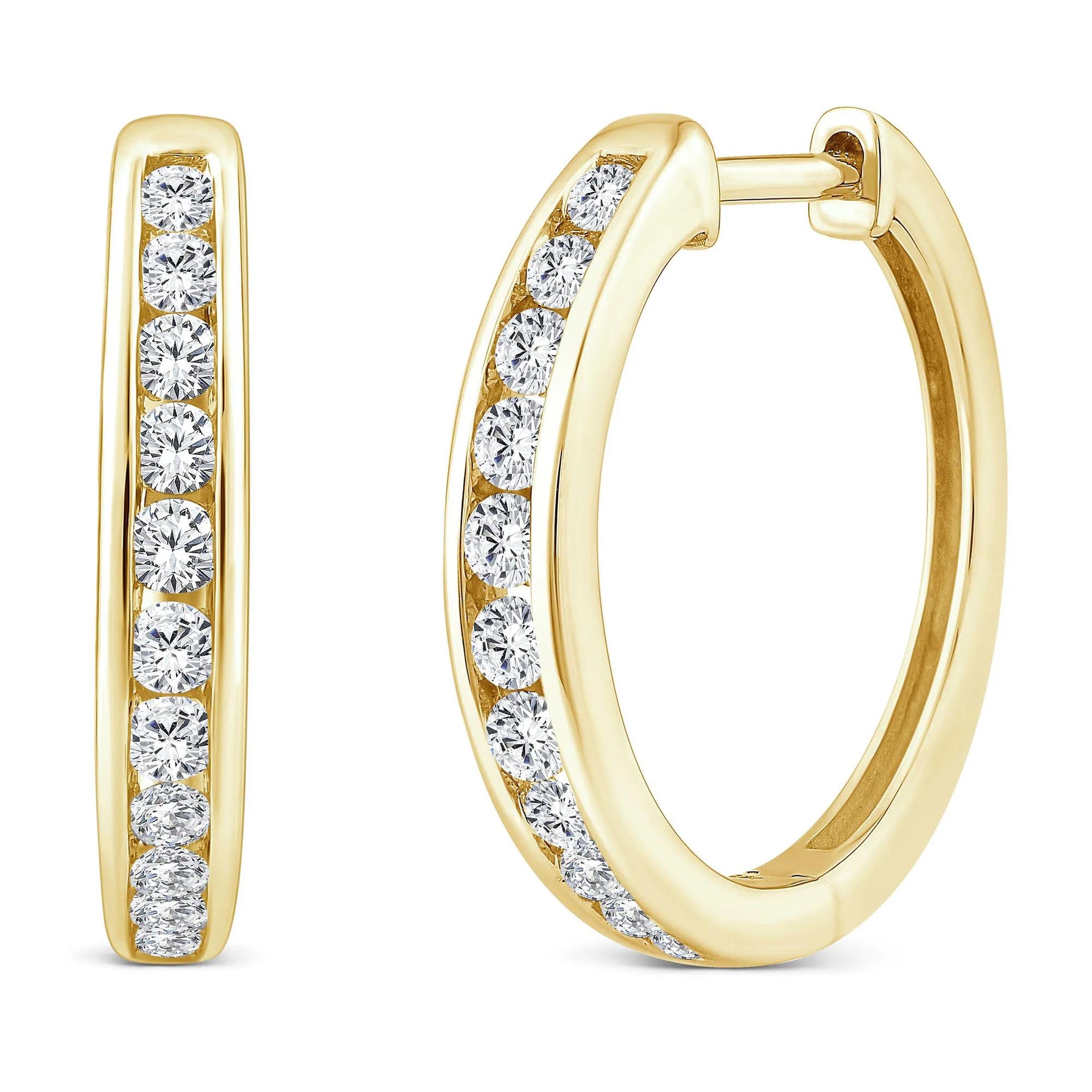 1/2 CT. Tw. Diamond Channel-Set Hoop Earrings 10K Yellow Gold Size 13.50mm