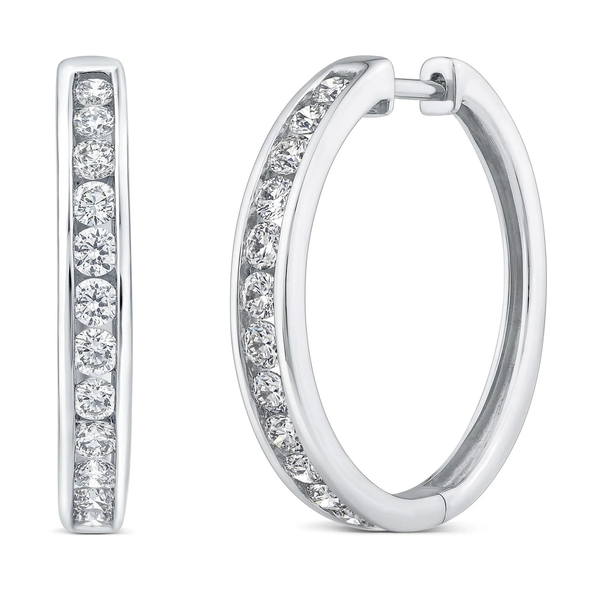 1 CT. Tw. Diamond Channel-Set Hoop Earrings 10K White Gold Size 18.50mm