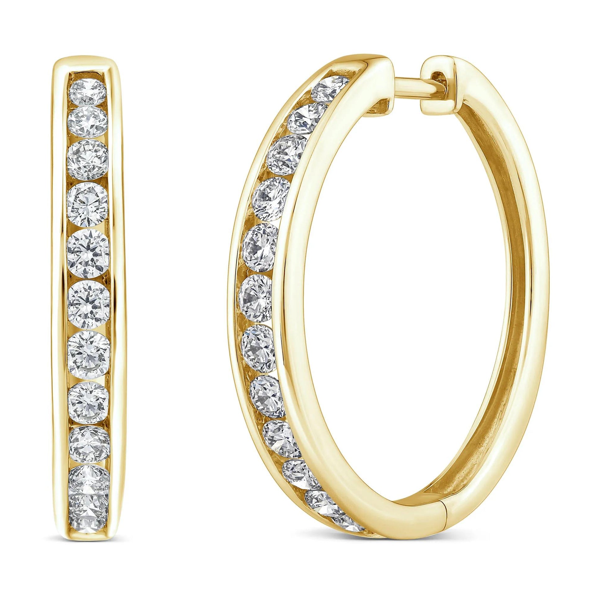 1 CT. Tw. Diamond Channel-Set Hoop Earrings 10K Yellow Gold Size 18.50mm