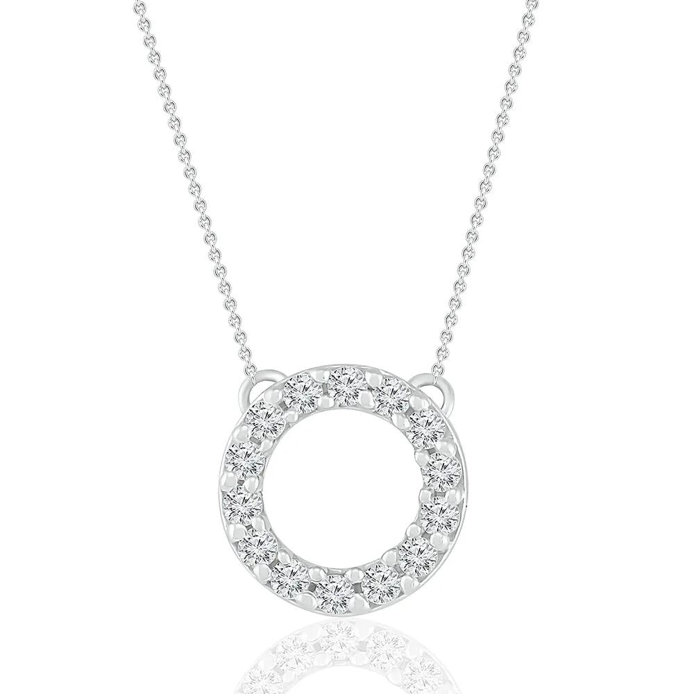 1/10 CT. Tw. Diamond Circle Pendant Necklace with Prong Setting .925 Sterling Silver White Size 18"