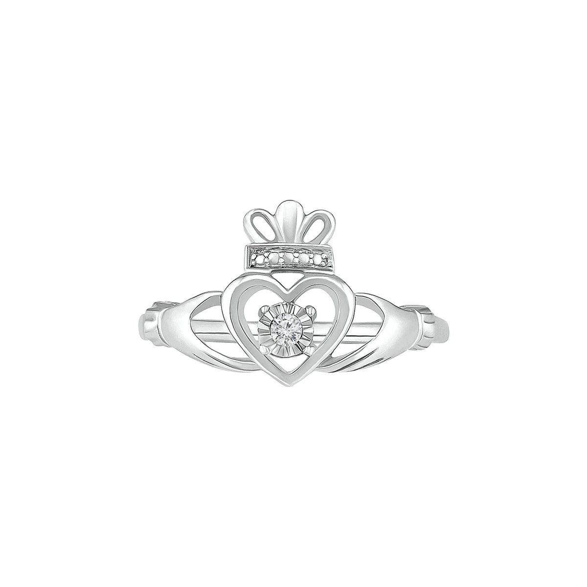 Diamond Claddagh Ring .925 Sterling Silver Round Brilliant Cut White Size 7